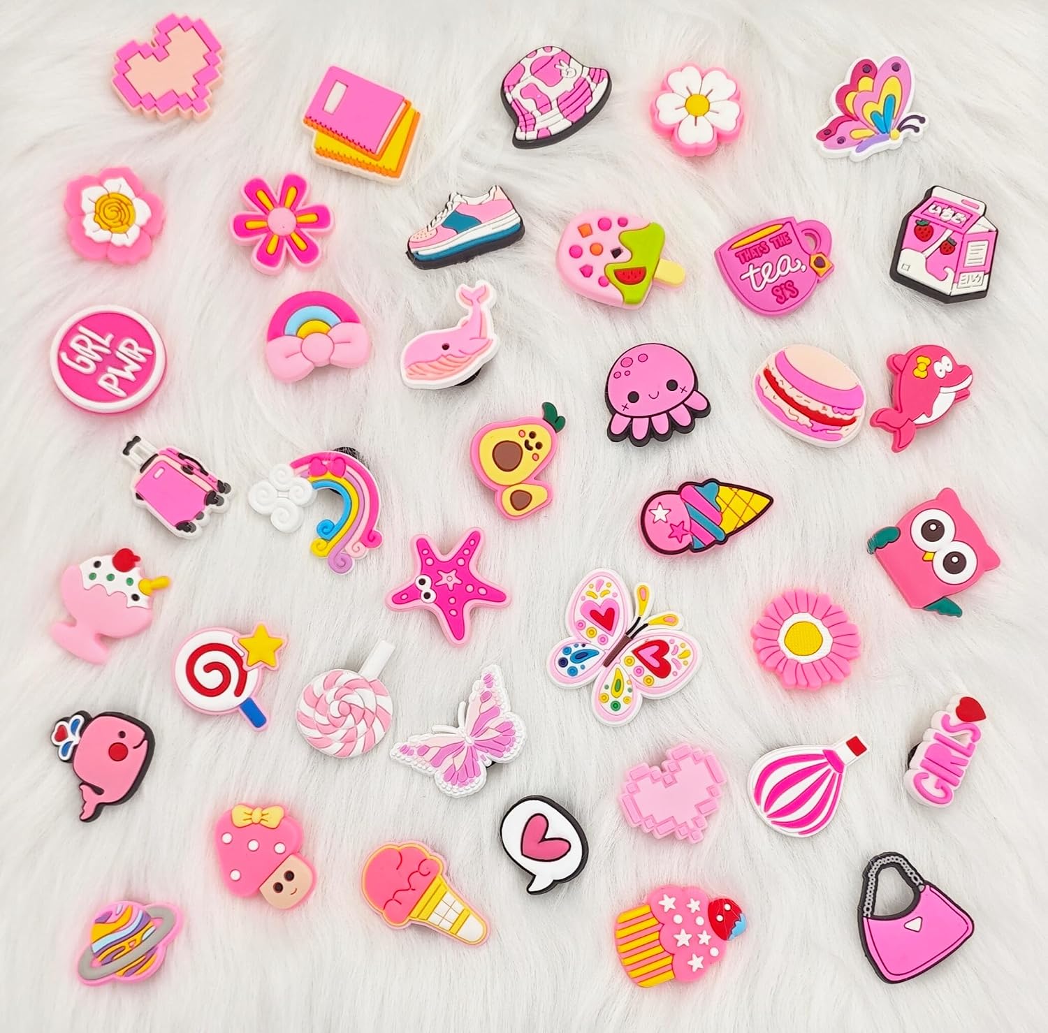 30,50,100 Pcs Random Pink Croc Charms for Girls Women, Cute Shoe Decoration Accessories Pins, Fun Mystery Bulk Gift Box for Clog Sandals, Birthday Party Favors