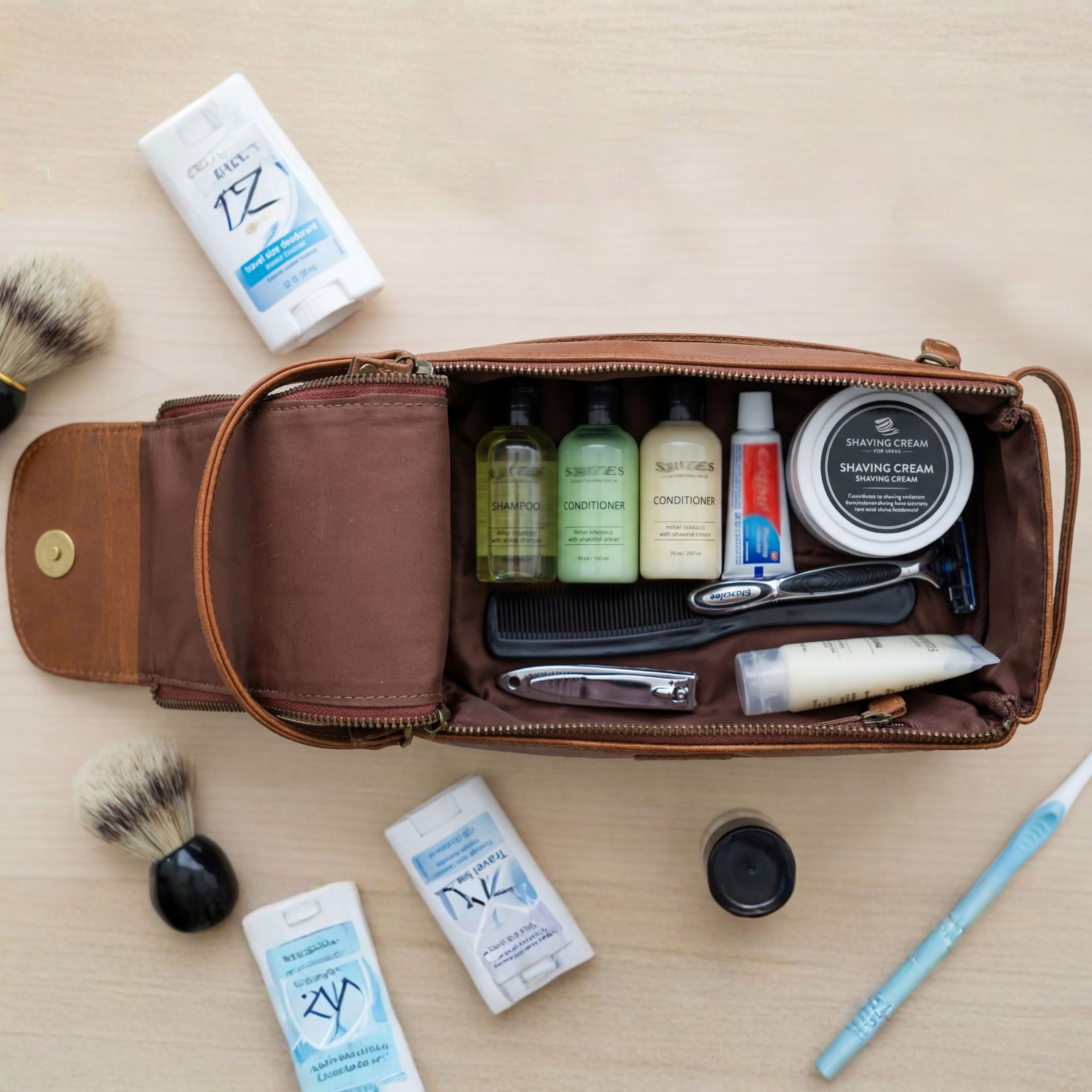 Leather & latch Beauty case unisex in pelle vintage di alta qualità, kit da viaggio per rasatura e cosmetici, organizer per uomini e donne (marrone cognac)