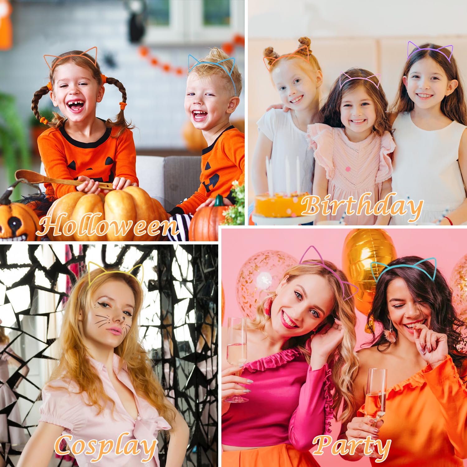 Aprince 25PCS Cat Ears Headband Birthday Decorations Kitty Headbands for Women Halloween Hair Accessories Plastic Headbands Costume Headbands Gabby Party Favors Supplies
