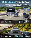 2026 AI Aide à l'entraînement 5G WiFi Cam avant et arrière Dash, UHD 4K+1080P, ADAS & GPS, 360° Avant rotatif x Gratuit 32GB Carte Dual Dashcam, 3" Toucher l'écran, 24H Mode de stationnement, support 512GB Max