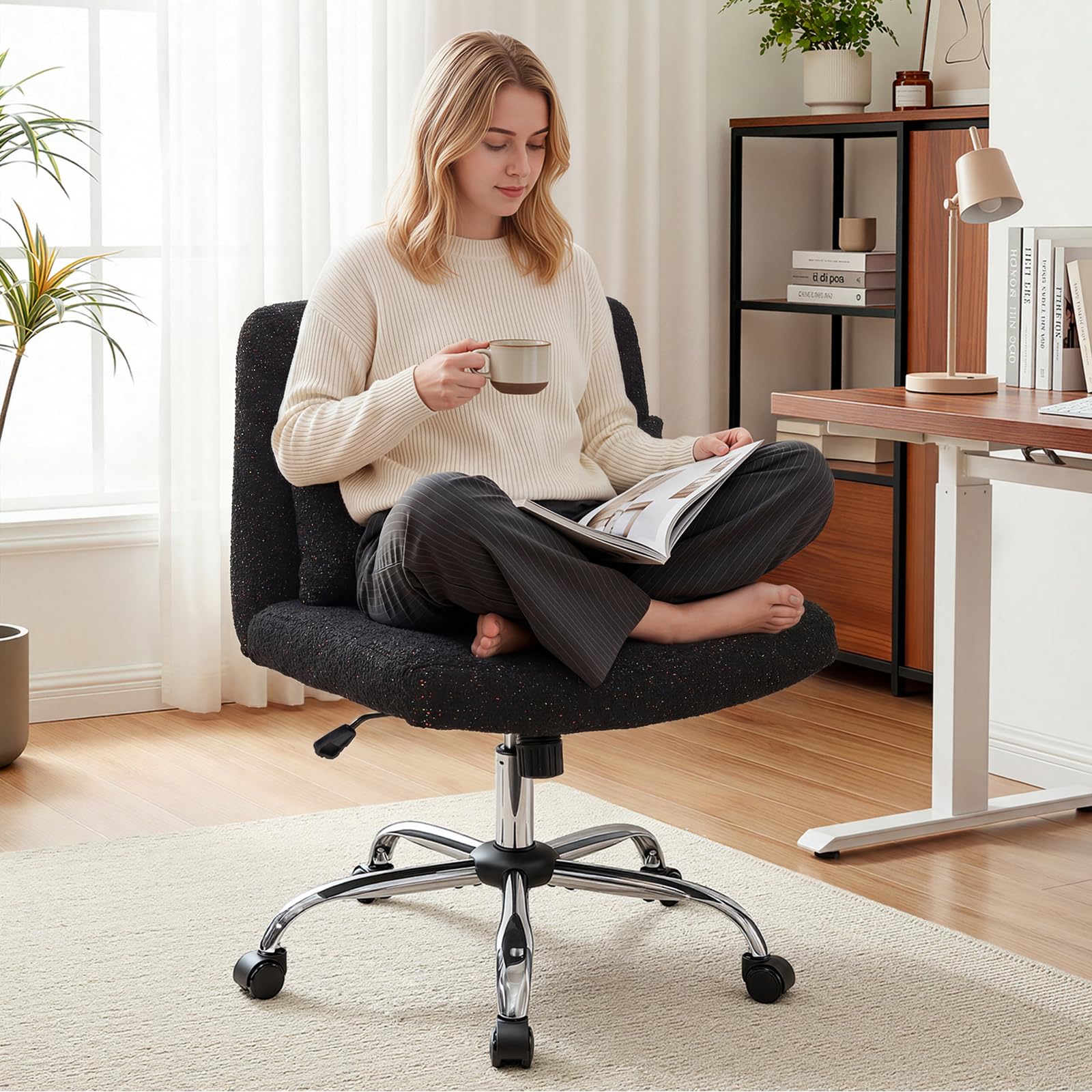 Warmiehomy Cross Legged Office Chair No Arms, Wide Desk Chair, Black