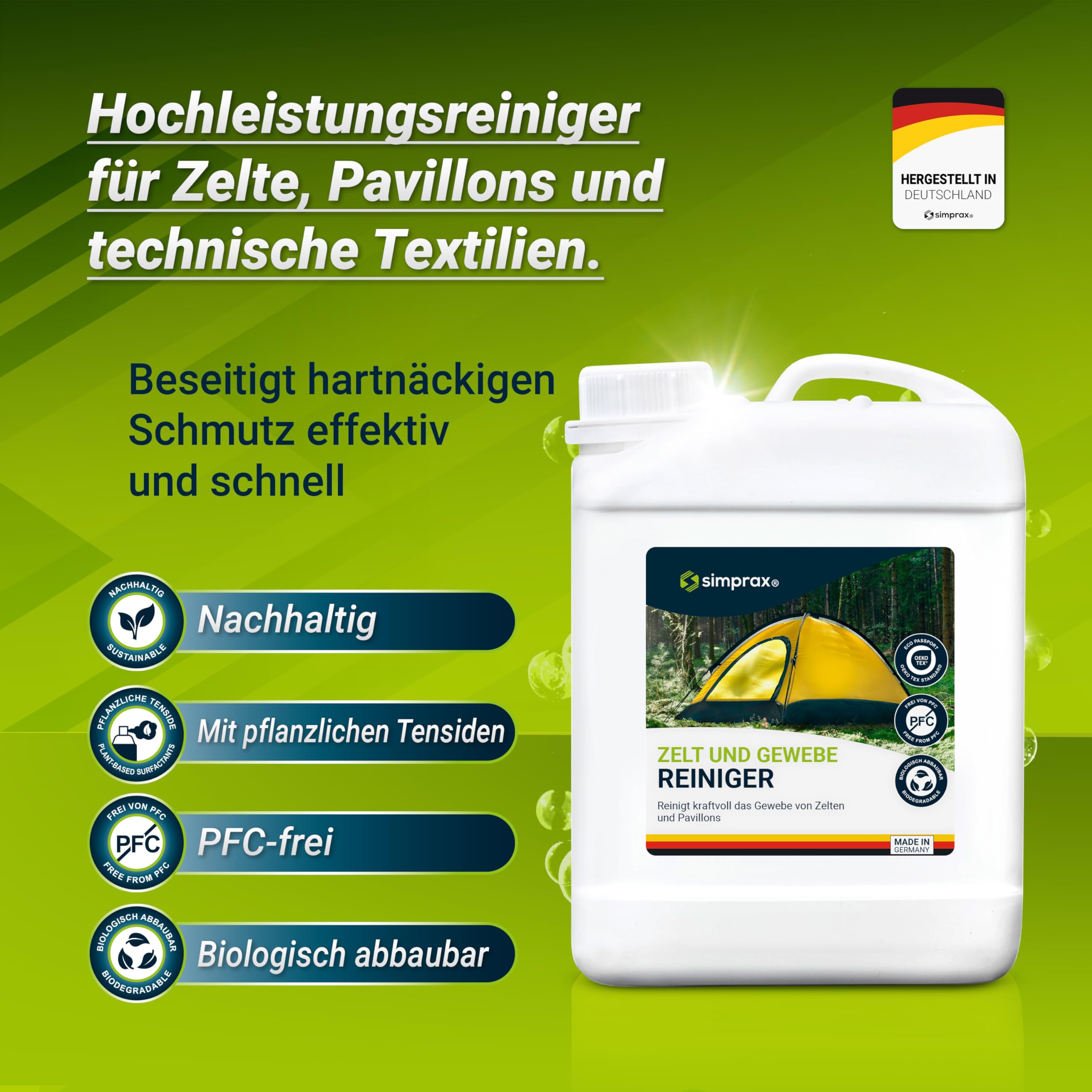 Gewebe Reiniger Para Toldos y Tejidos, Tiendas de Campaña, Muebles de Jardín & Lonas – PFC & Biodegradable – Detergente Elimina Moho Algas Verdes Excrementos & Manchas - 2,5 L