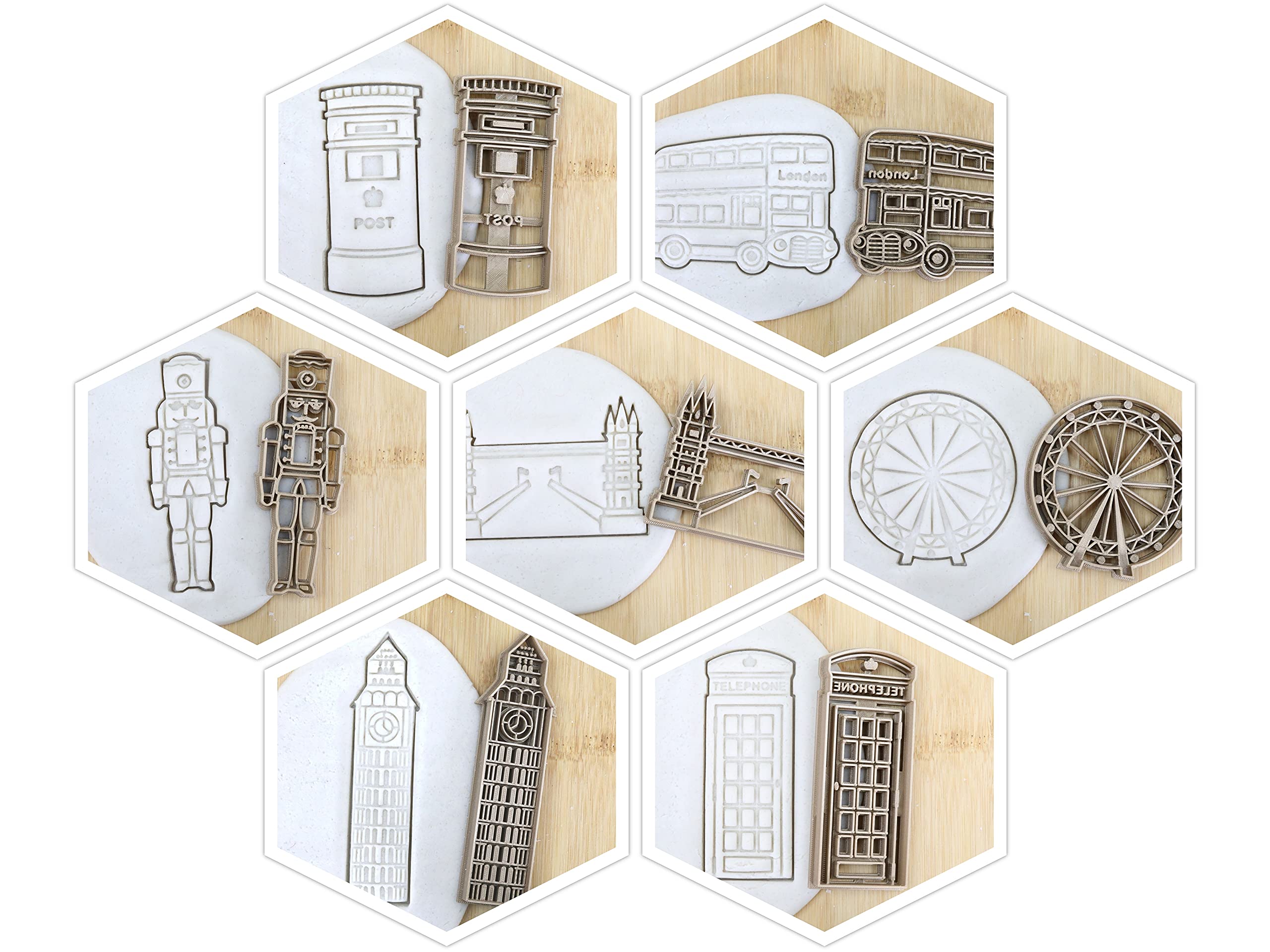 England (7st) Tower Bridge/Big Ben/Nussknacker/Postkasten/Telefonzelle/London Bus/Riesenrad Cookie Cutter Fondant Keksstempel/Ausstechform Keksausstecher Plätzchen ca. 8cm