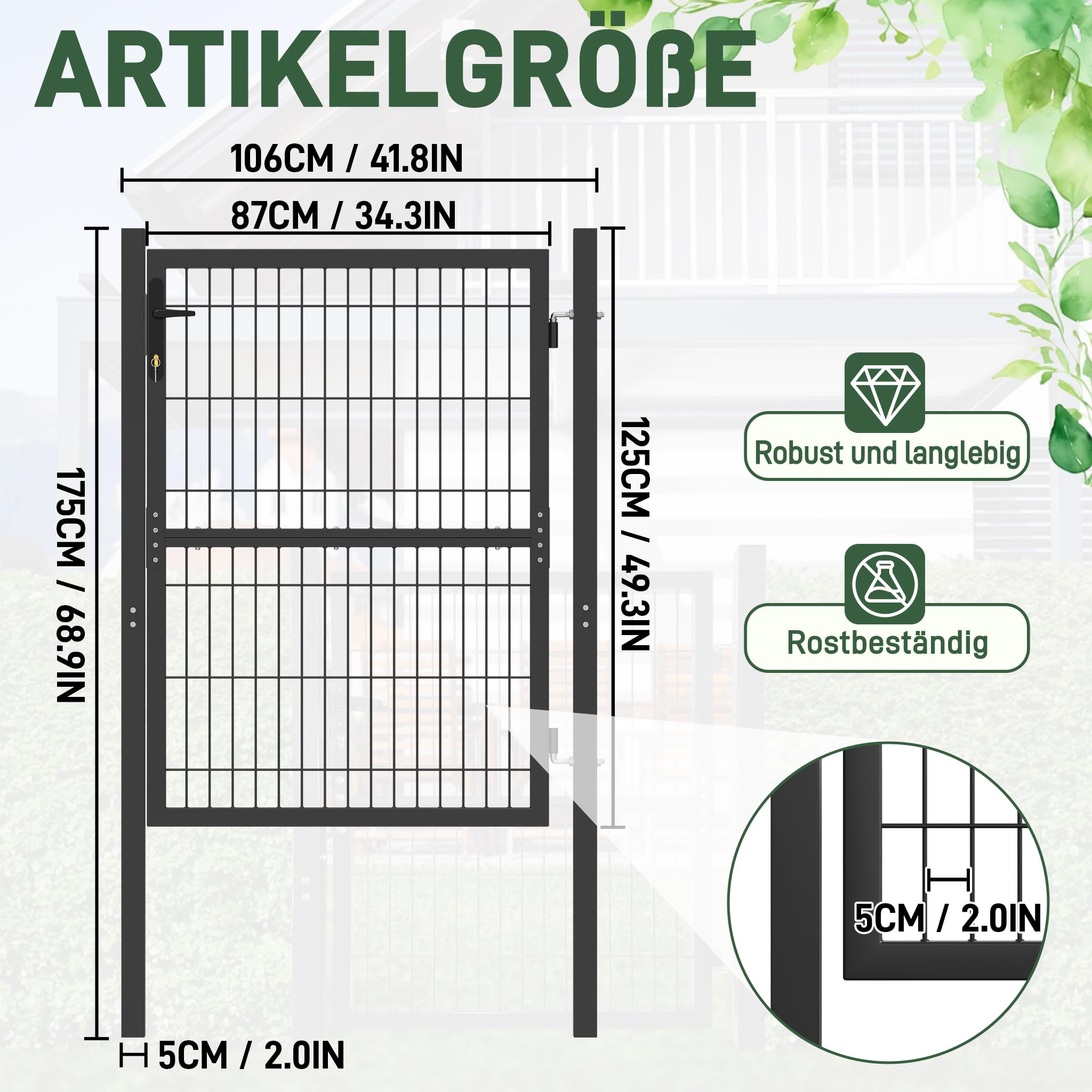 ACXIN Brama i furtka ogrodowa 125 x 100 cm, stali, zamek, klamka i klucze