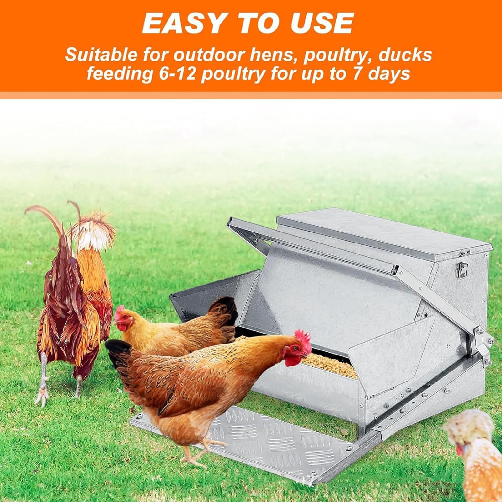 Mangiatoia automatica per polli, 11,3 kg, auto-apribile, nutre 6-12 uccelli fino a 7 giorni, design a pedale antiscivolo, ideale per polli e pollame da cortile