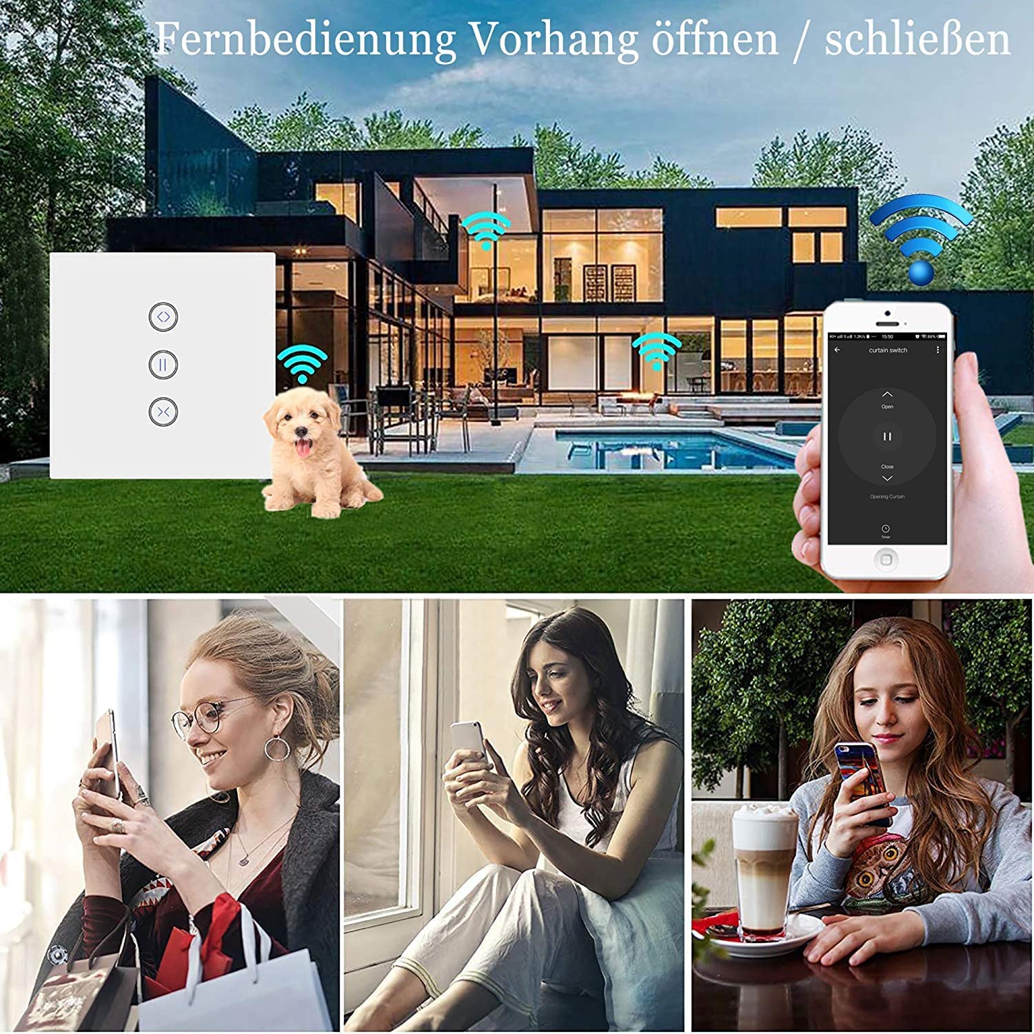 Lot de 2 interrupteurs de volet roulant Wi-Fi encastrés - Avec commande de volet roulant - Interrupteur électrique intelligent avec panneau tactile - Compatible avec Alexa et Google Home - Application