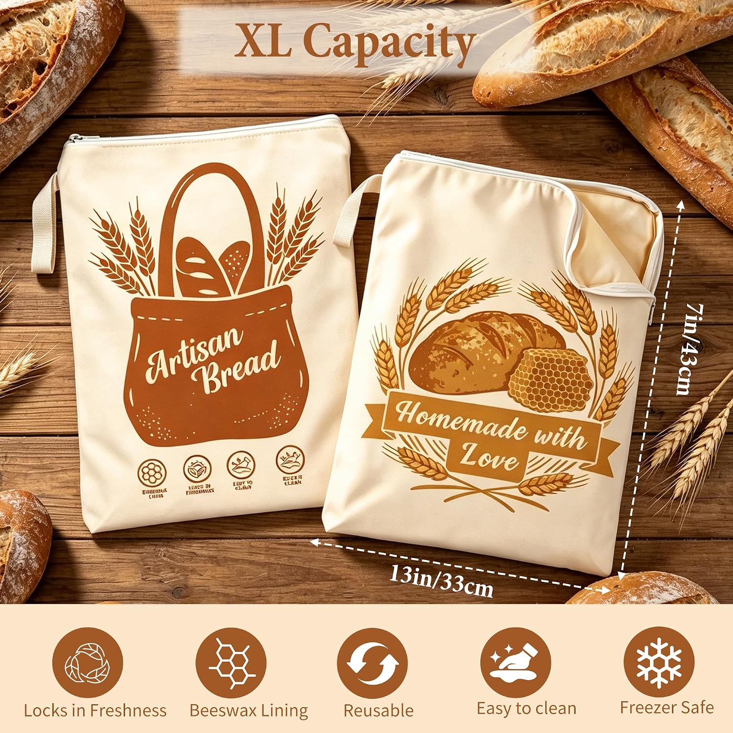 Purefun Premium Beeswax Bread Bags for Sourdough - 2 Packs XL 13 x 17 in Reusable Organic Beeswax Lining Cotton Sourdough Bread Bags with Zipper to Keep Fresh for Homemade Bread