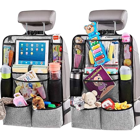 Helteko Backseat Car Organizer, Kick Mats Back Seat Protector with Touch Screen Tablet Holder, Car Back Seat Organizer for Kids, Car Travel Accessories, Kick Mat with 9 Storage Pockets 2 Pack, Gray