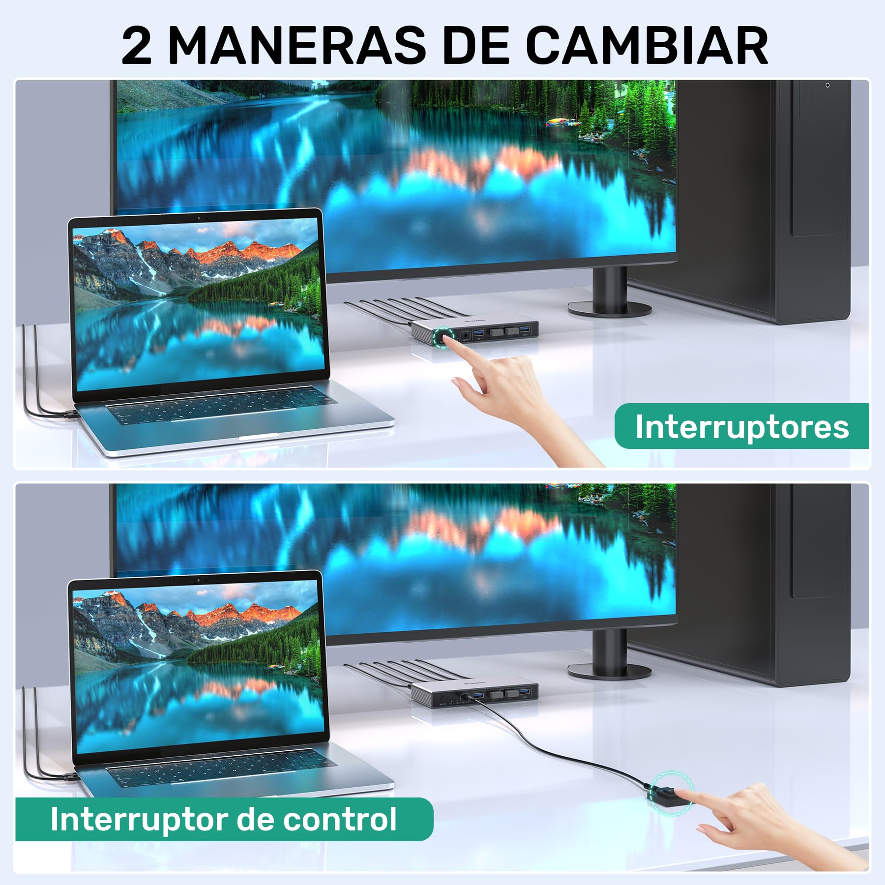 SUIDEK Displayport KVM Switch 1 Monitor 2 Ordenadores, 8K@60Hz DP DP KVM Switch 2 en 1 Salida USB 3.0 KVM Switcher con 4 Puertos USB, Incluye Desktop Controller, 2 Cables USB y Adaptador de Corriente