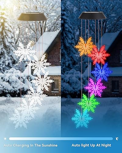 Miniatura 2 de DOUBLEZHE Campanillas de viento solares para exteriores, campanillas de viento de copo de nieve que cambian de color, regalos de cumpleaños para