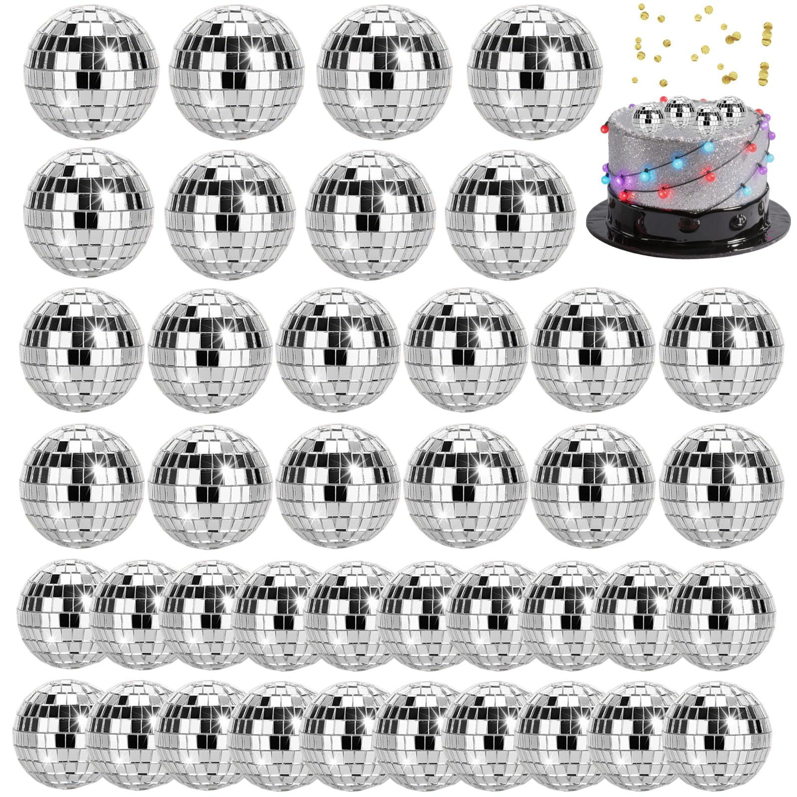 QINGYIWL 48 stuks discoballen, klein, decoratieset, glanzende mini-discobal, discospiegelbal voor taartdecoratie, feest, vakantiedecoratie (2/3/4/5 cm