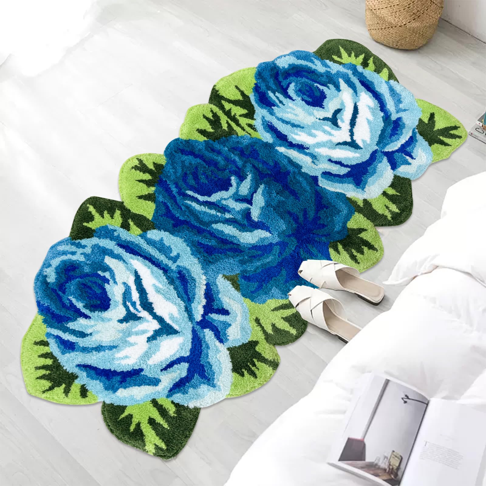 Tapis de sol fait à la main 3 roses bleues 65 x 125 cm