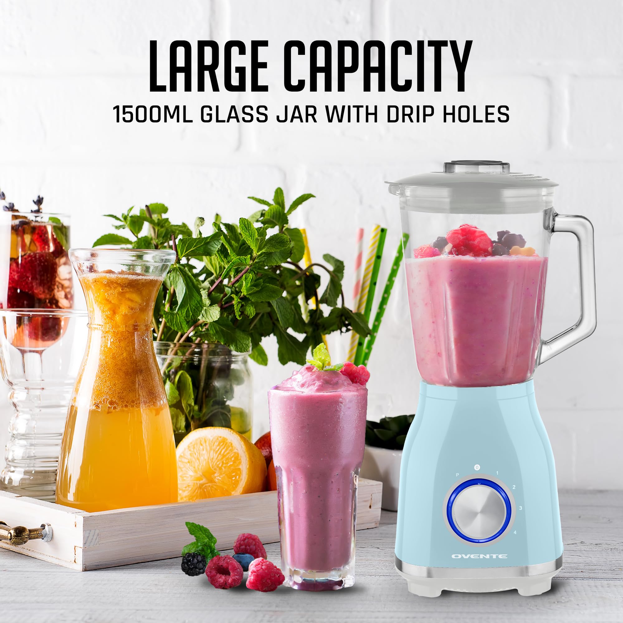 OVENTE Countertop Blender for Shakes and Smoothies with 550W Motor, 50 Oz Glass Jar and Adjustable 4 Speed Settings Ideal for Frozen Fruit Drinks, Puree, Ice Crush, Sauces and More, Blue BLH2604LBL
