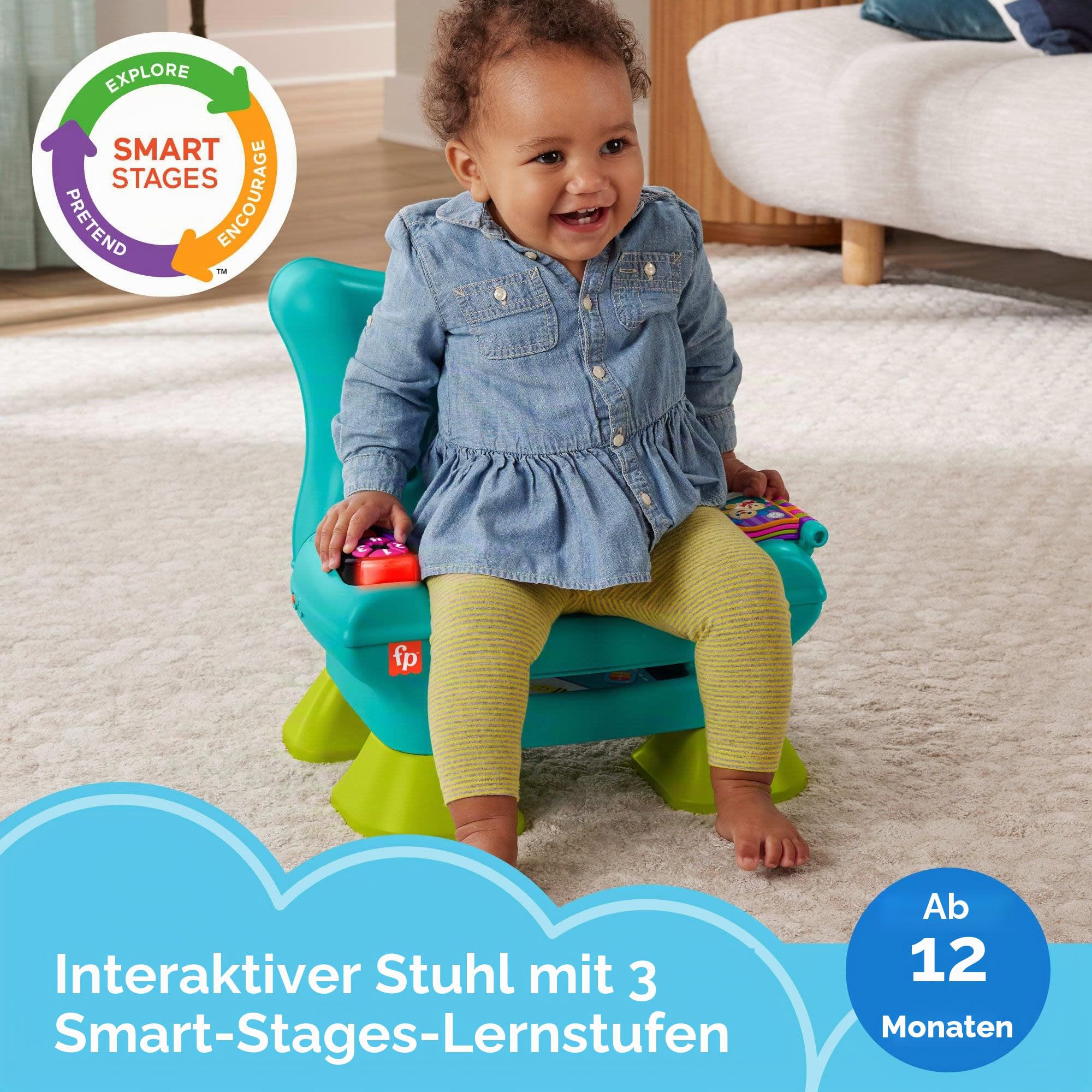 Fisher-Price Lernspaß, Lernspielzeug für Kleinkinder, Lernspaß-Stuhl, türkisfarben, Version: Englisch; Italienisch; Portugiesisch; Spanisch, HYR96