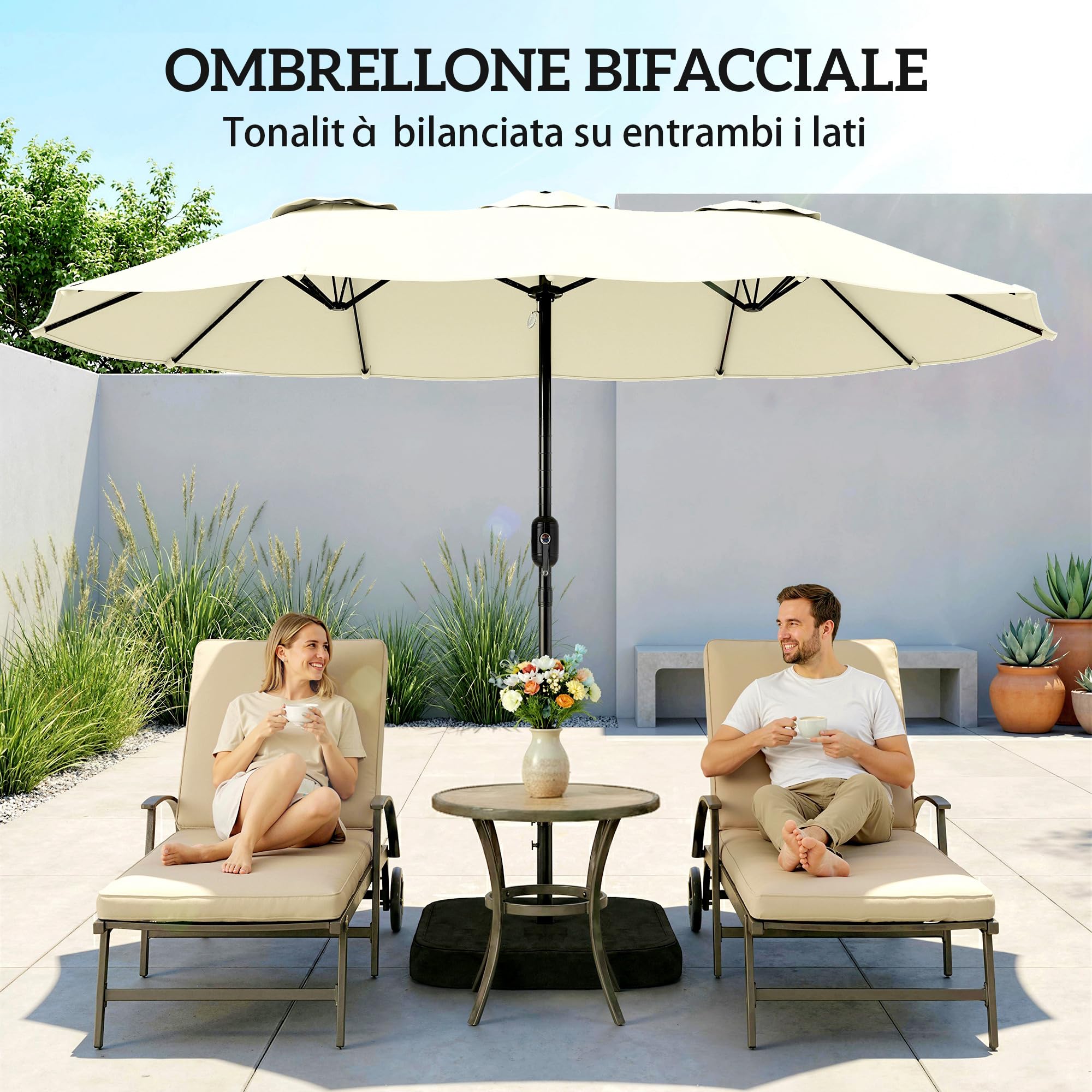 Outsunny Ombrellone Doppio da Giardino 3x1.5 m con Base a Croce, Sacchi di Sabbia, Ombrellone da Esterno Rettangolare con Manovella, 12 Stecche, UV 50+, per Patio Terrazzo Balcone
