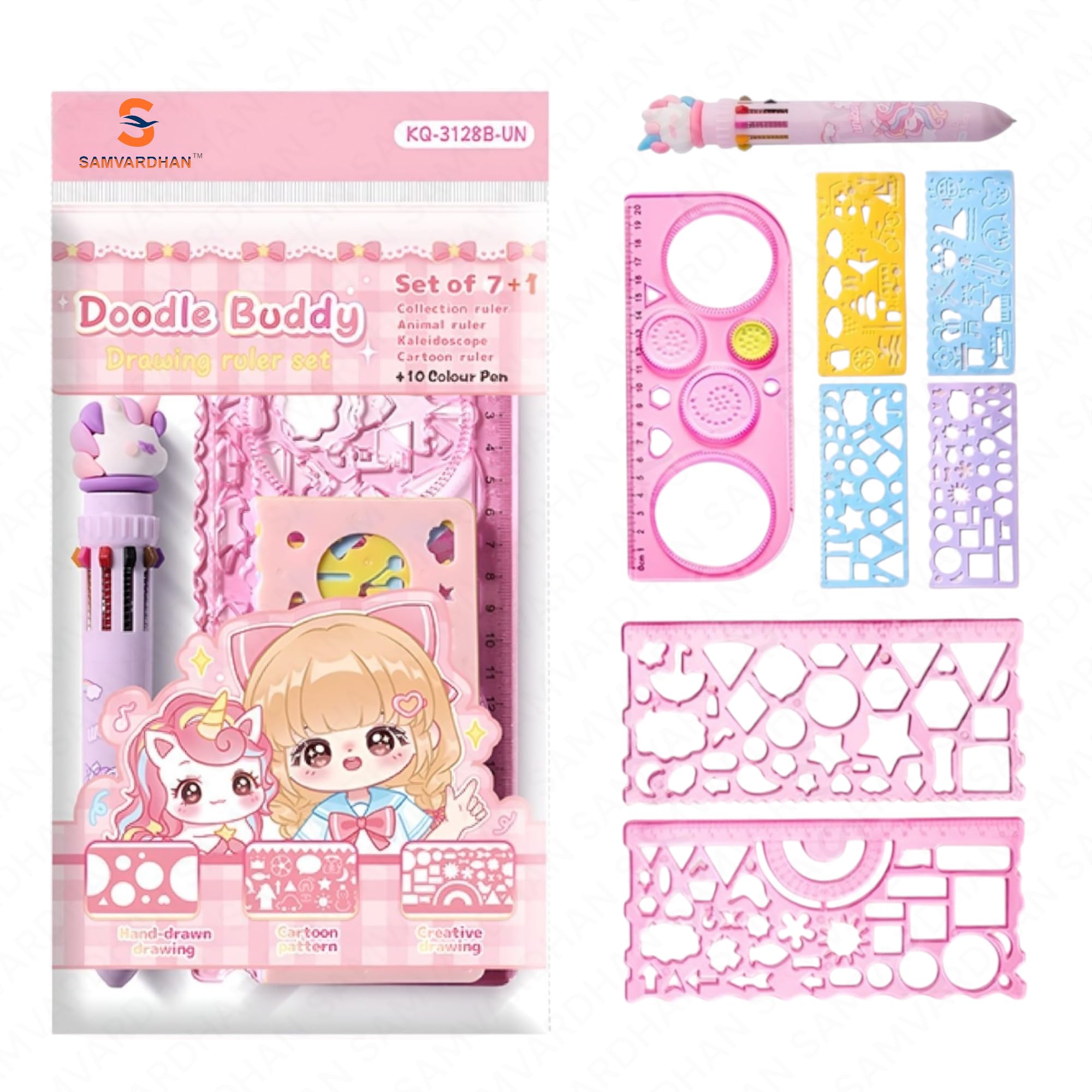 SAMVARDHAN Stationery Set of 8,Rulers,Drawing Stencils, Theme Based Multicolor Pen-Hand Drawing, Cartoon Pattern,Creative Drawing,Multi-Function Stencil Ruler Set for Kids (Pink Unicorn)-image-45