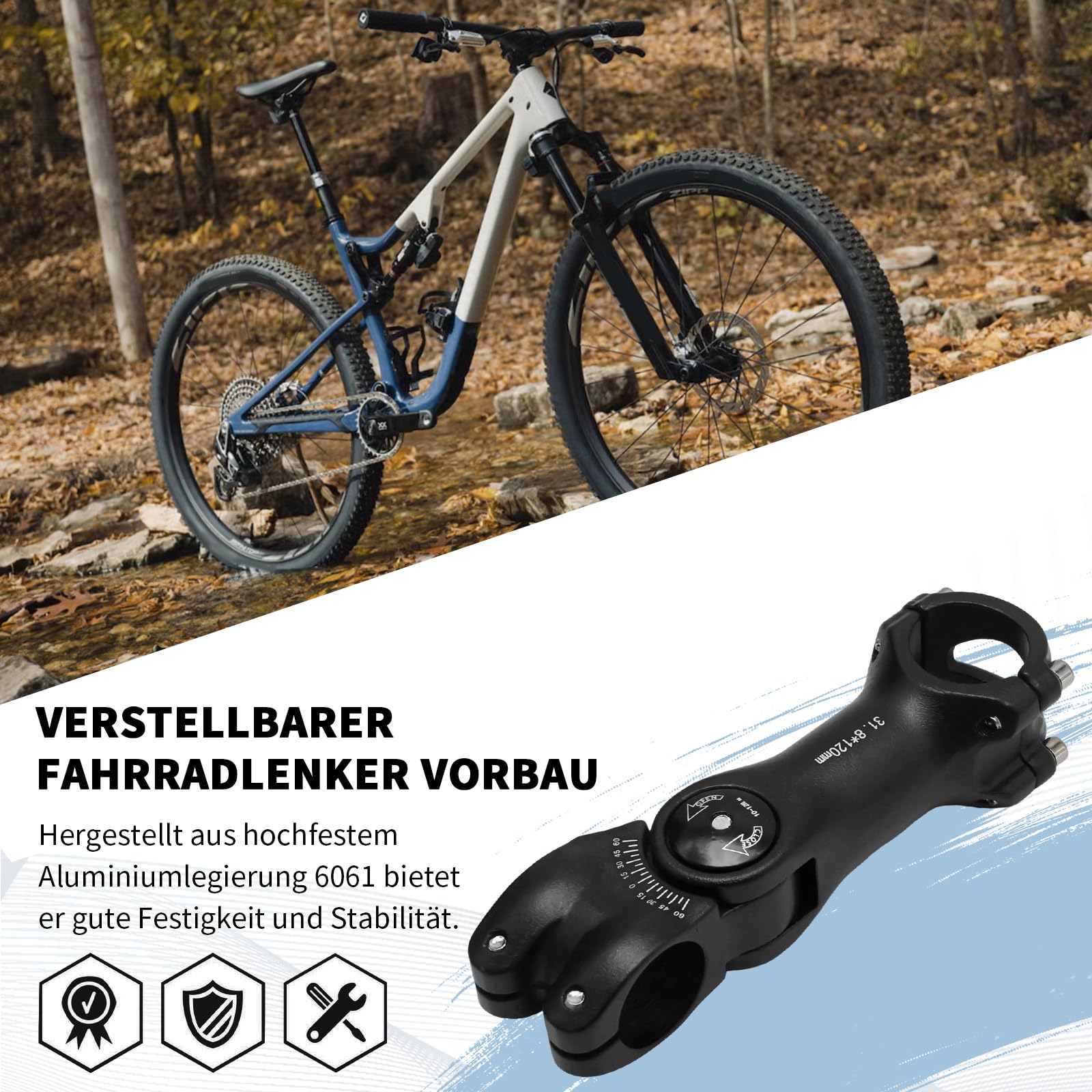 Regulowany wspornik kierownicy rowerowej, 31,8 mm x 120 mm, kąt ± 60°, stop aluminium, zamiennik do rowerów MTB, rowerów szosowych, BMX