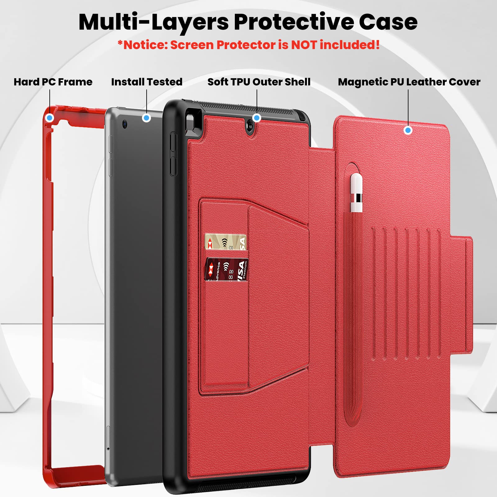 SEYMAC stock case voor iPad 9e/8e/7e generatie 10,2 inch 2021/2020/2019, schokbestendige case met screenprotector, 360 draaibare standaard/handriem, penhouder & schouderriem, zwart