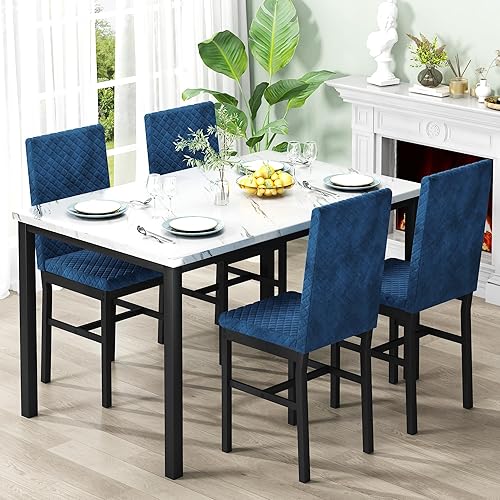 Miniatura 2 de DKLGG Juego de mesa de comedor para 4, mesa de cocina de mármol sintético con sillas de comedor tapizadas de terciopelo, juegos de comedor pequeños