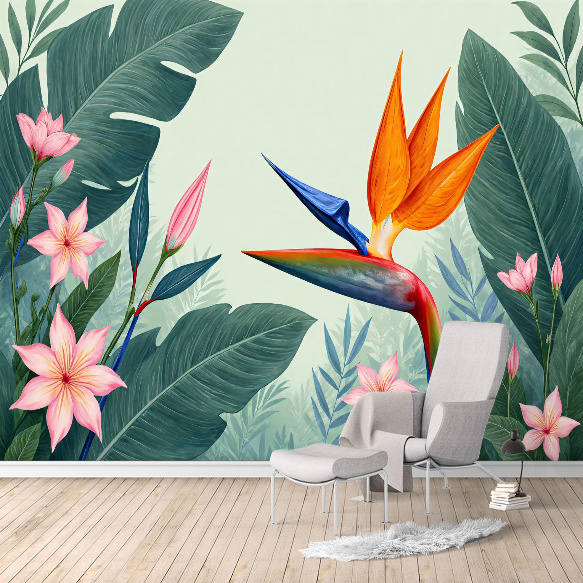 Custom Size Wall Murals,Tropical Bird of Paradise and Pink Lily Botanical Leaves,SelfAdhesive Water Activated Removable Wall Covering,Large Photo Wallpaper for Living Room Bedroom Office