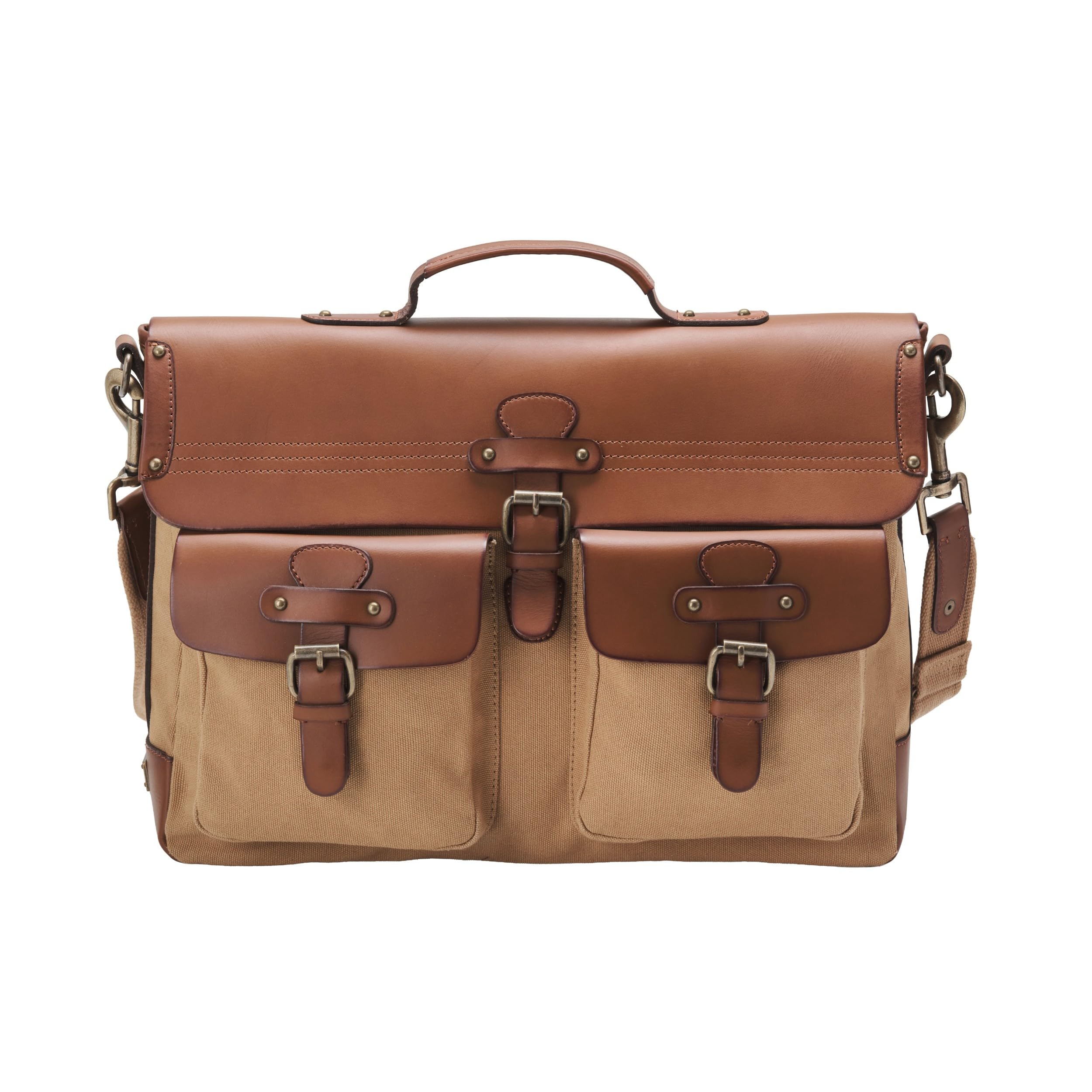 DRAKENSBERG Umhängetasche 'Milo' - Laptop- und Akten-Tasche für Herren im Vintagelook, nachhaltig handgemacht, Canvas, Leder, 15L, Khaki, DR00101