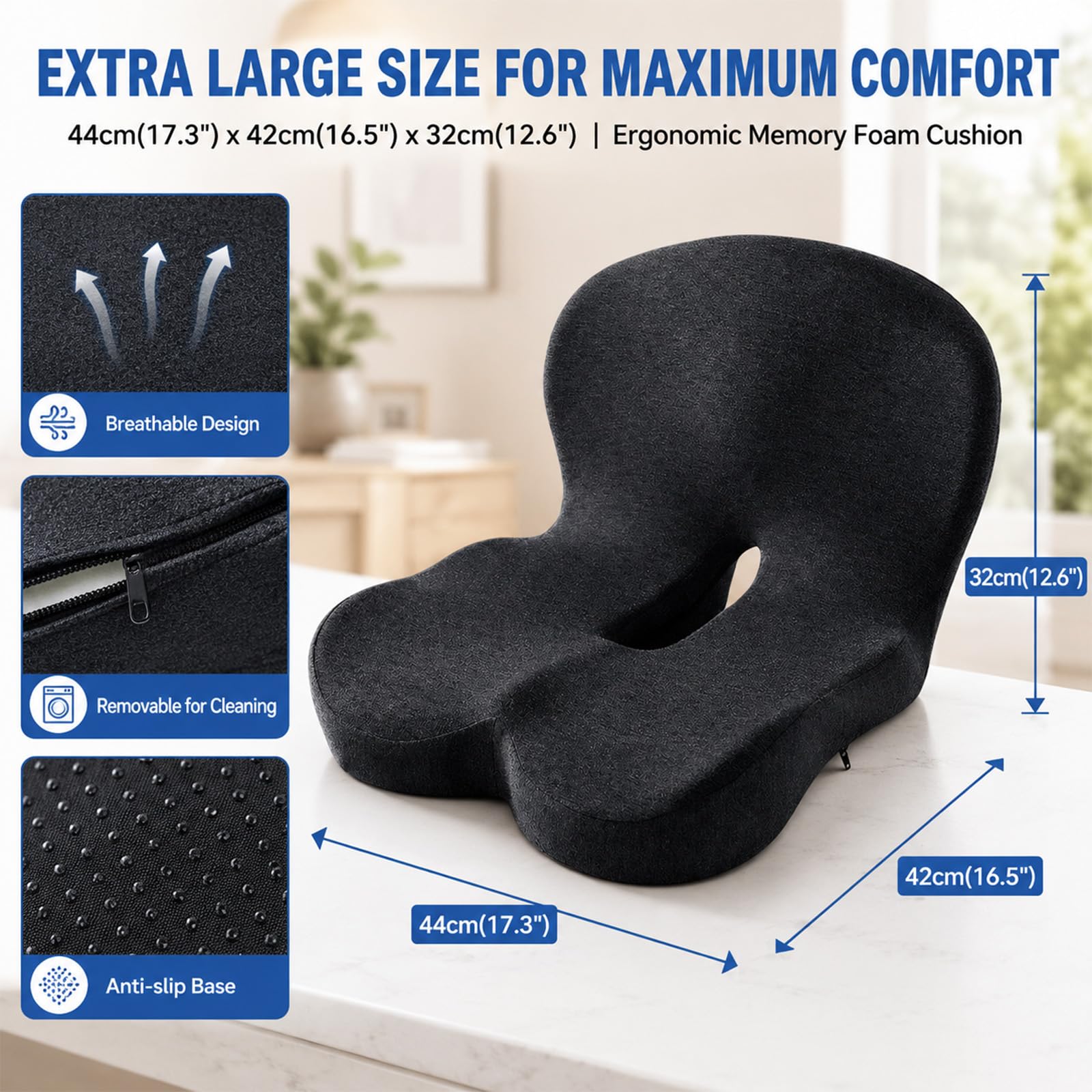 Cuscino Sedia Seduta Memory Forma L Ergonomico, Supporto Lombare Coccige | Cuscino ortopedico, antidolorifico e sfoderabile, lavabile, adatto per sedia da ufficio, seggiolino auto e sedia a rotelle