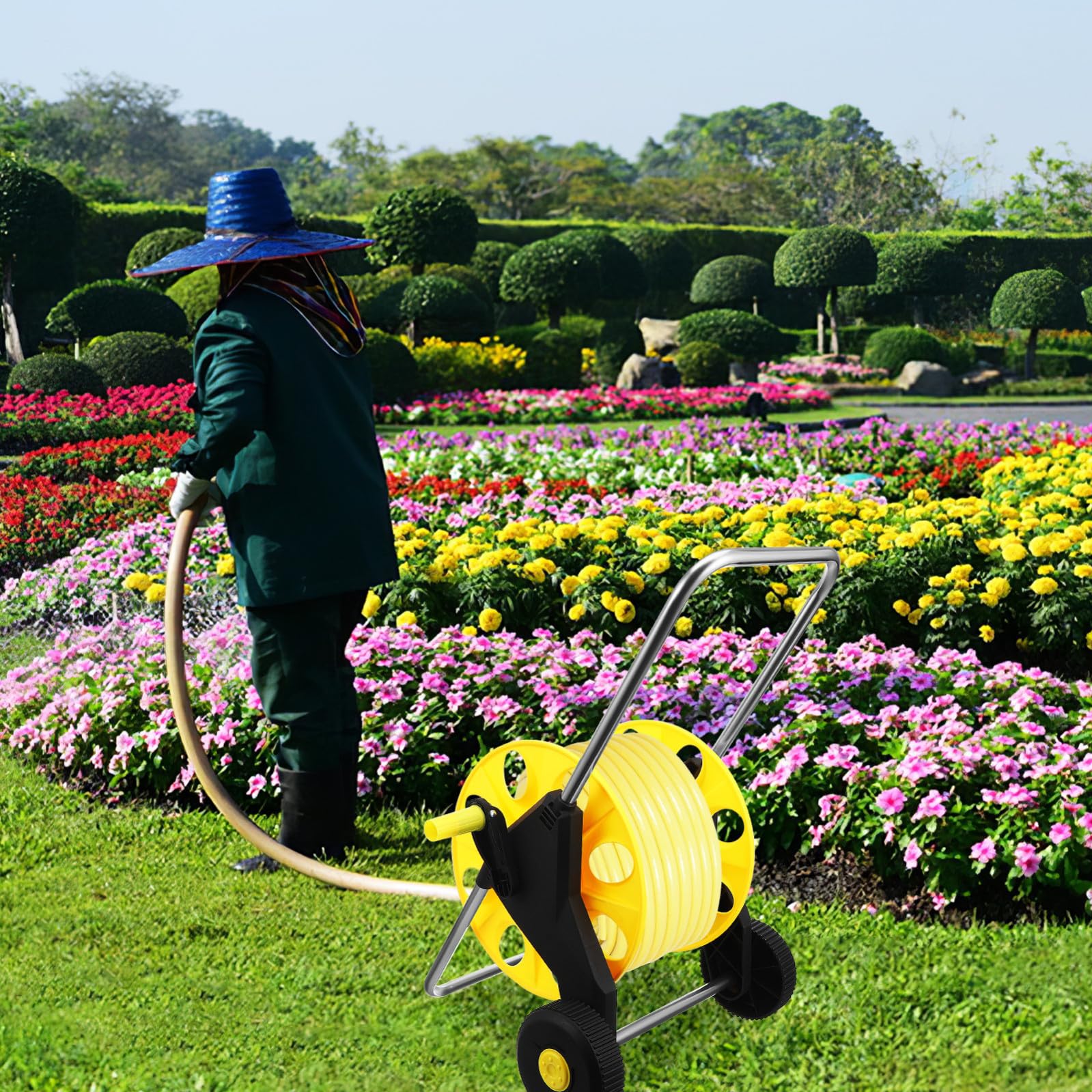 CALLARON Carrello Avvolgitubo da Giardino con Ruote, Design a Spinta Manuale in Pp Giallo, Previene Grovigli per Annaffiare Piante e Lavare Auto