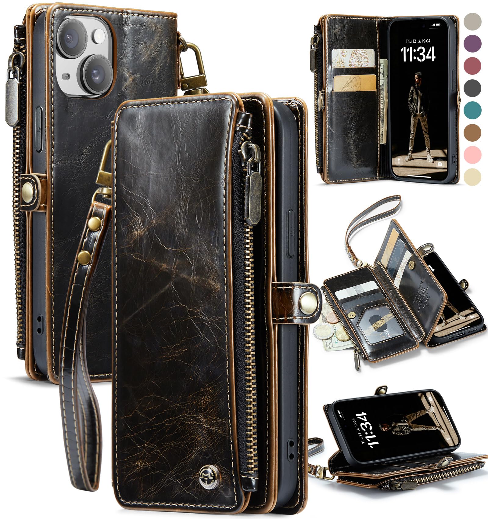 Photo 1 of !! MISSING PARTS !!Defencase Compatible with iPhone 15 Case Wallet with RFID Blocking Card Holder for Women and Men, Fashion PU Leather Magnetic Snap Flip Zipper Strap Wallet Phone Case Fit for iPhone 15 6.1", Coffee