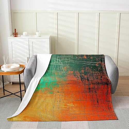 Miniatura 3 de Manta de cama de arte abstracto Grunge para niños, color verde azulado y naranja, manta de forro polar desordenada con pintura de óxido, manta