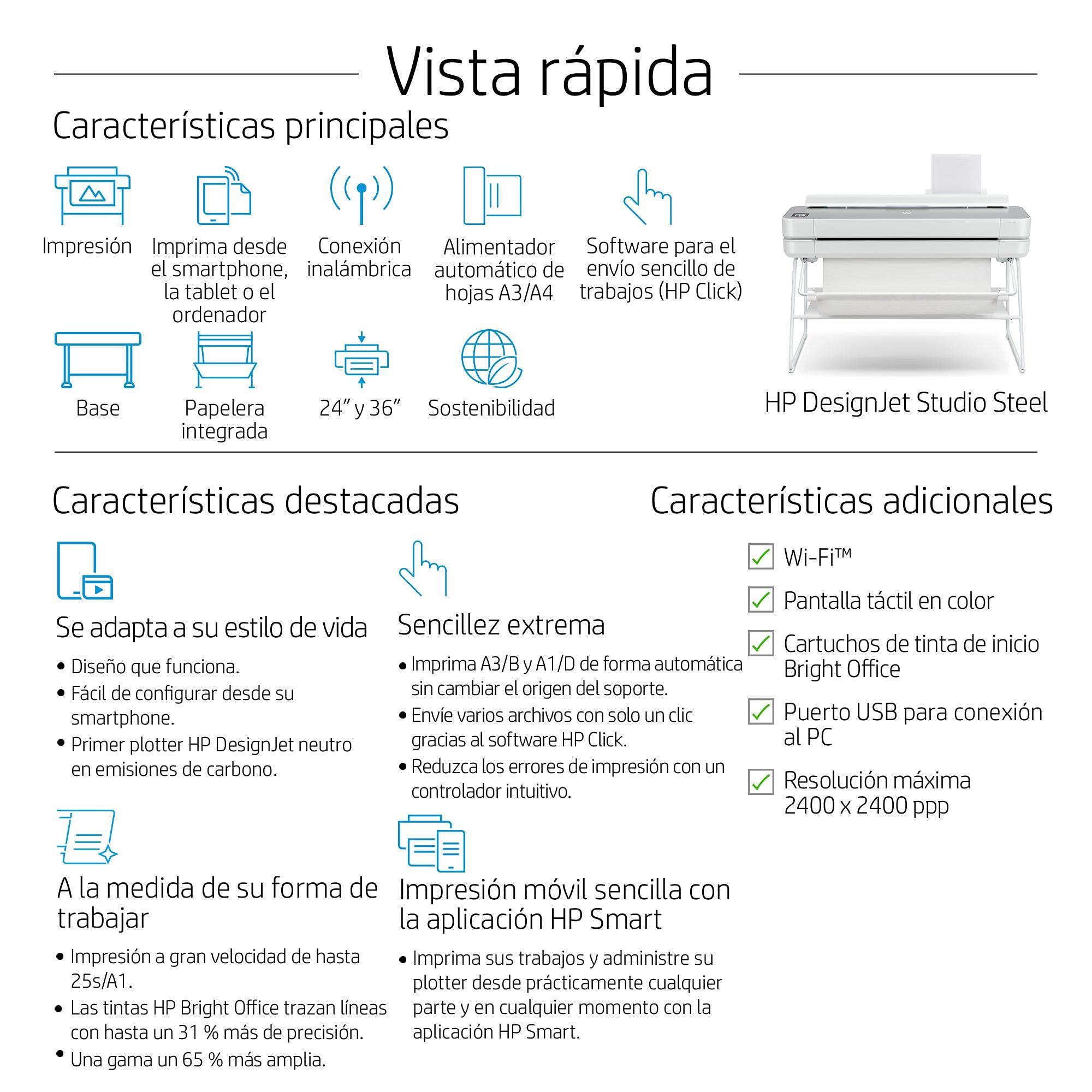 HP Impresora Plotter de Gran Formato DesignJet Studio - Steel, de 24 Pulgadas, hasta A1, Impresión Móvil, Wi-Fi, Gigabit Ethernet, USB 2.0 de Alta Velocidad, Garantía de 1 año (5HB12C)