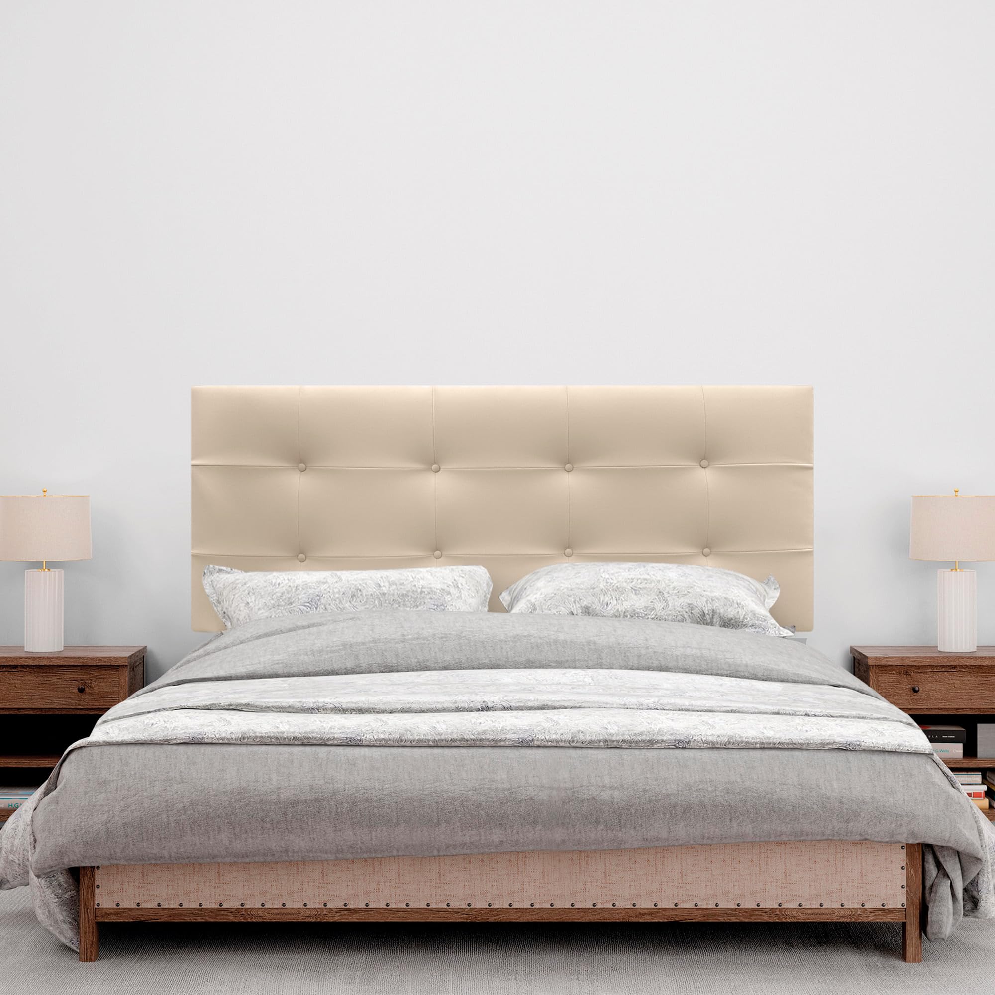 DHOME Tête de lit capitonnée jusqu'au sol en tissu Aqualine et similicuir 160 x 115 cm (pour lit de 150/160 cm) avec pieds Similicuir beige