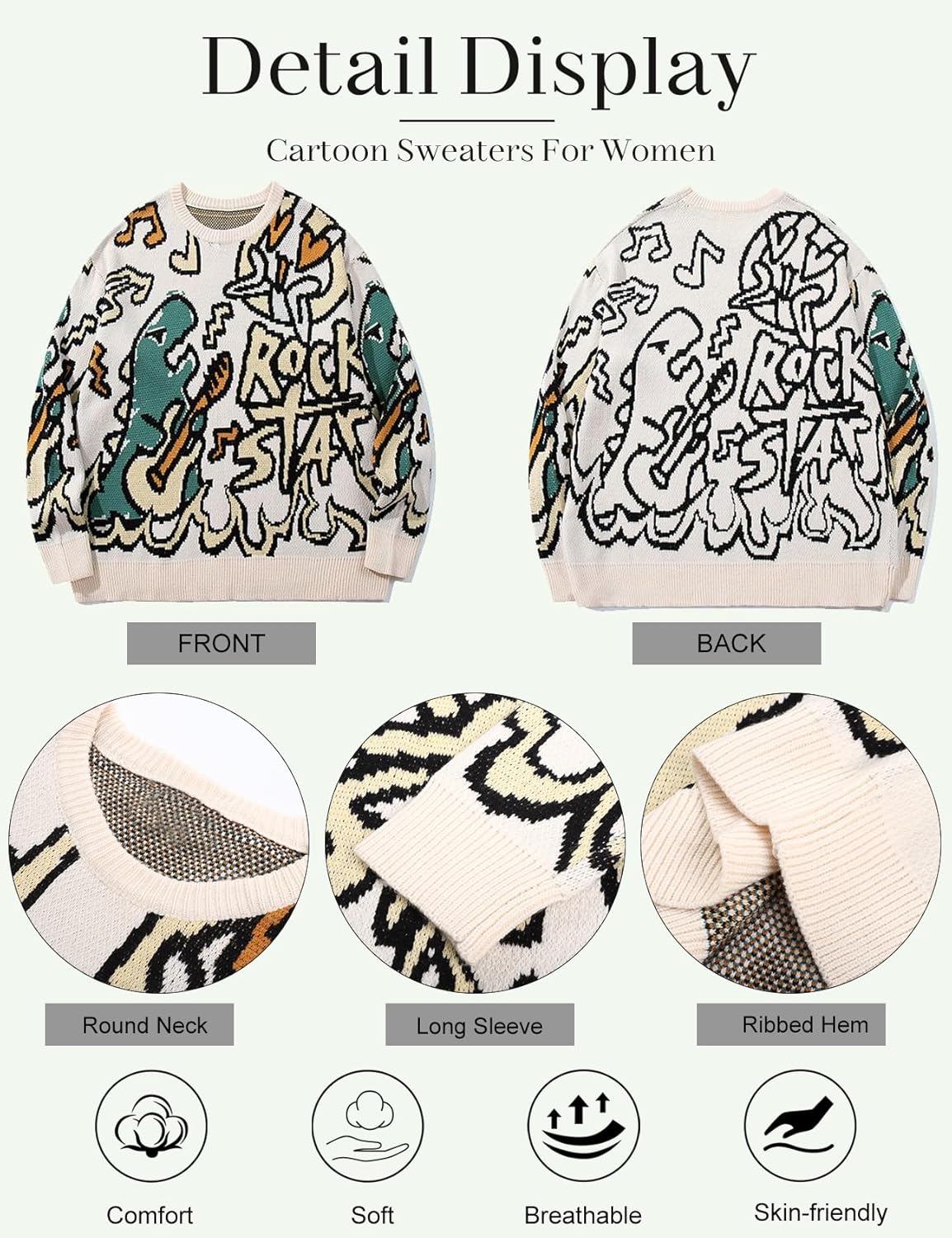 Kissonic Women's Dinosaur Sweater Vintage Oversized Cartoon Dino Sweater Crewneck Knit Pullover - Image 6