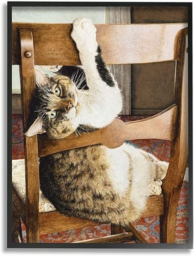 Stupell Industries Still Life Sueellen Ross - Silla de madera con diseño de gato de campo, arte de pared enmarcado negro, 16 x 20 pulgadas