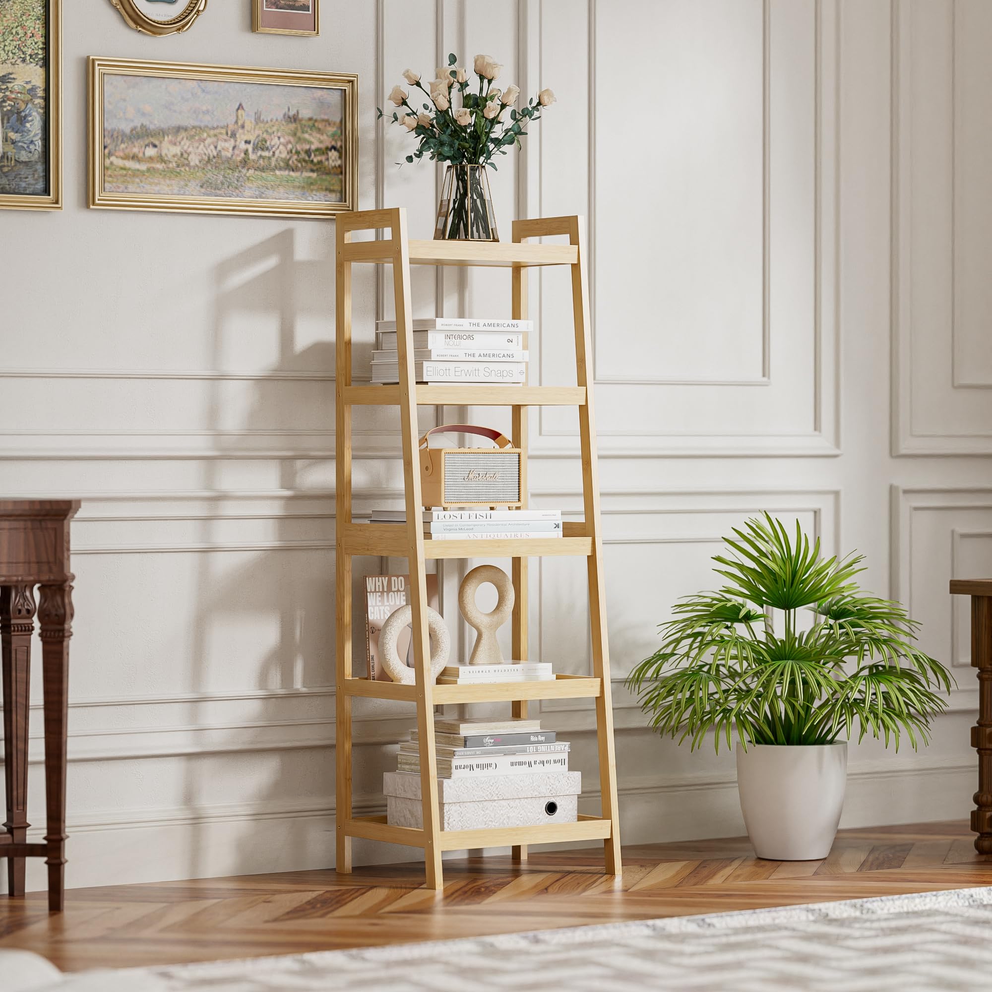 SMIBUY Bamboo Ladder Bookcase, Bathroom Storage Rack Organizer, 4 Tier and 5 Tier Freestanding Plant Display Stand Space Saver Shelves for Bedroom, Kitchen, Balcony (Natural, 5 Tiers (50