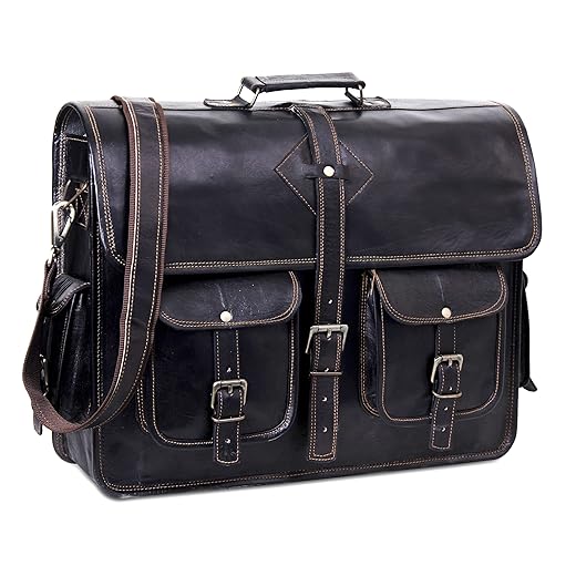 HULSH Black Leather Messenger Bag for Men and Women 18 Inch | Handmade Vintage Genuine Leather Laptop Bag for Men | Best Leather Briefcase Satchel Computer Crossbody Shoulder Bag for Work Office Use