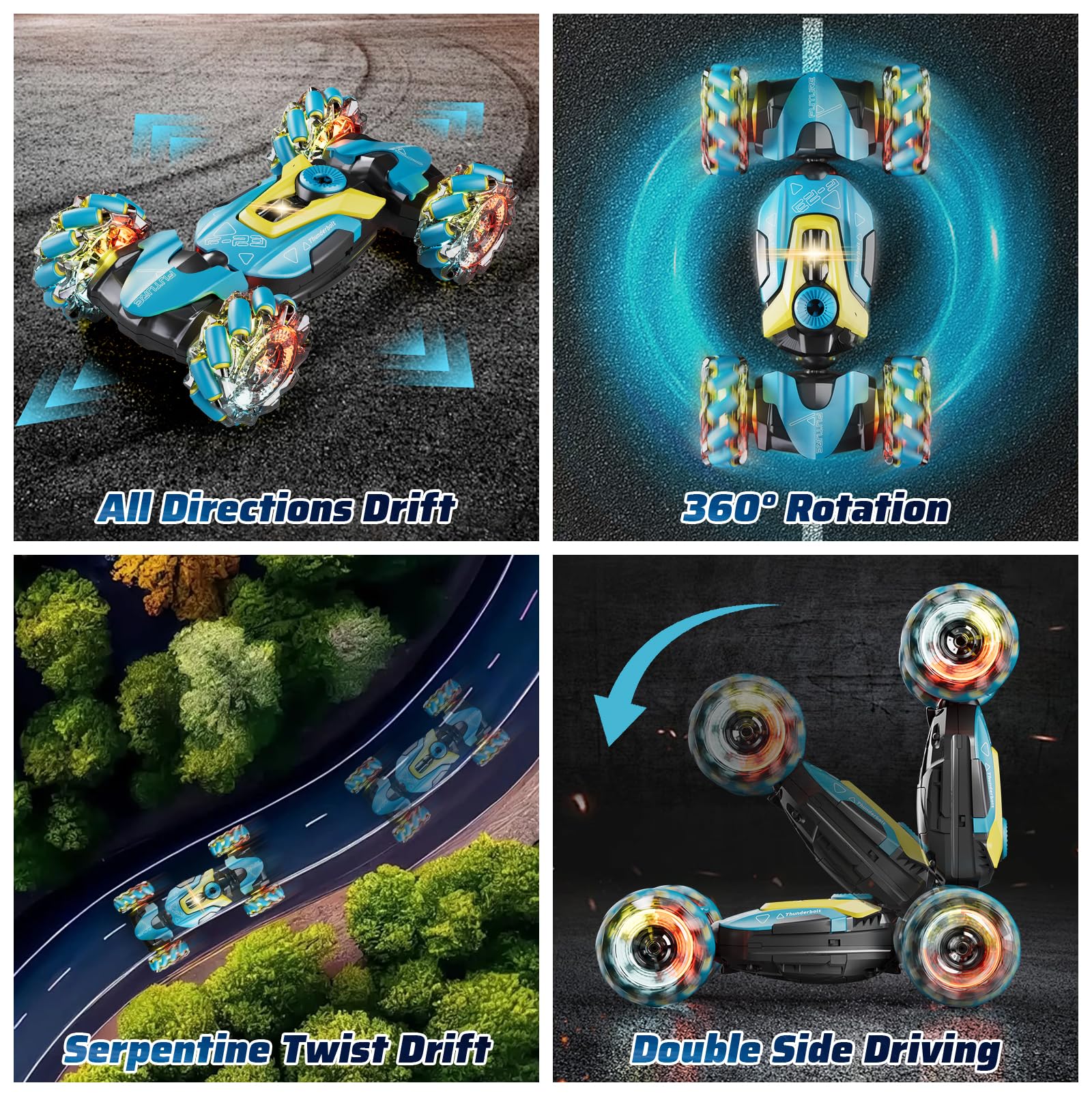 4DRC Voiture acrobatique pour Enfants 6-12 Ans, 2.4 GHz 4x4, capteur gestes, Fonction Torsion, lumières, Jets, Musique, Rot. 360°, 2 Piles rech. — Jouet Tout-Terrain, Cadeau garçons & Filles