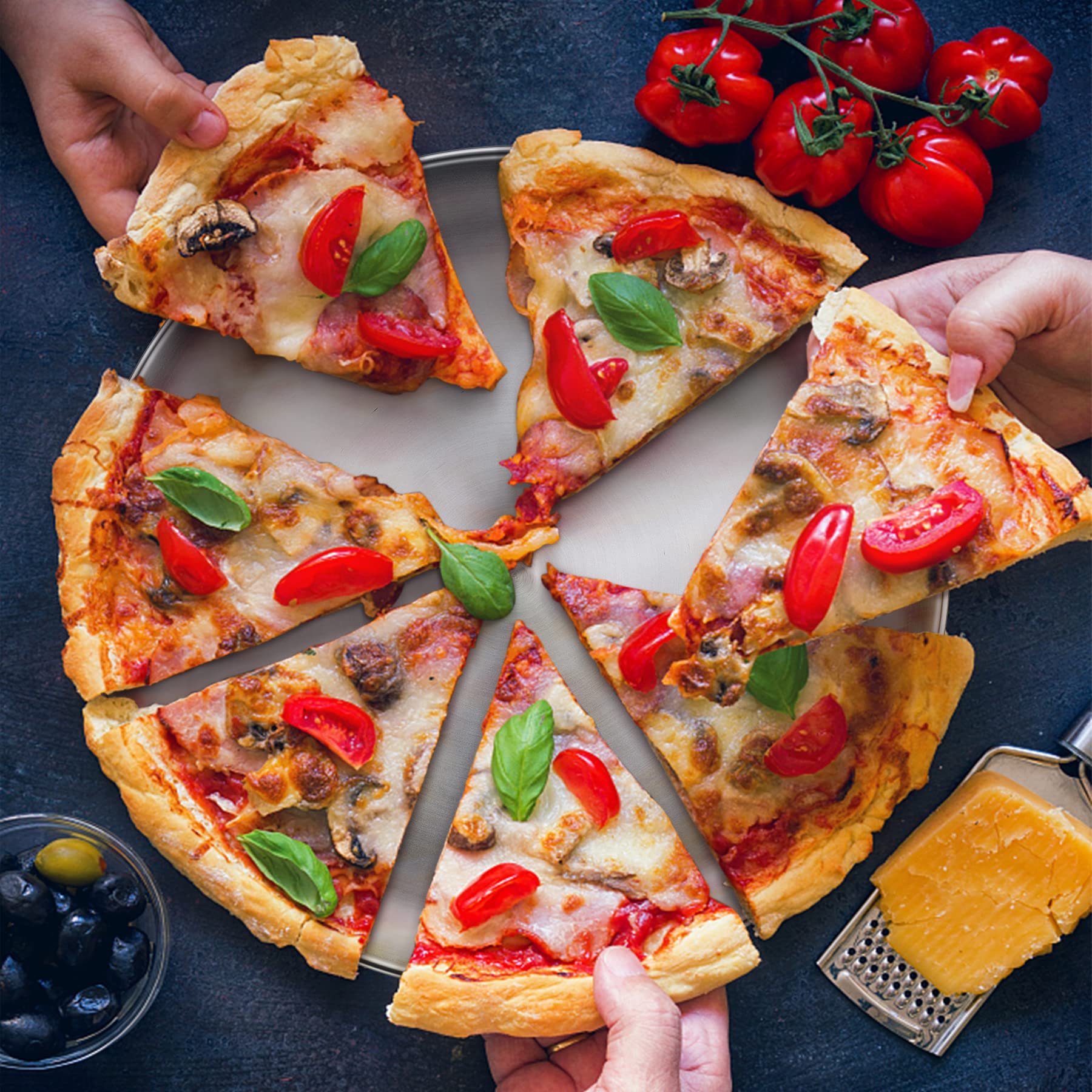 HaWare Set di 4 teglie rotonde per pizza in acciaio inox, da 20,3 cm, per cuocere/servire/cucinare, atossiche e sane, lavabili in forno e lavastoviglie (20 cm)