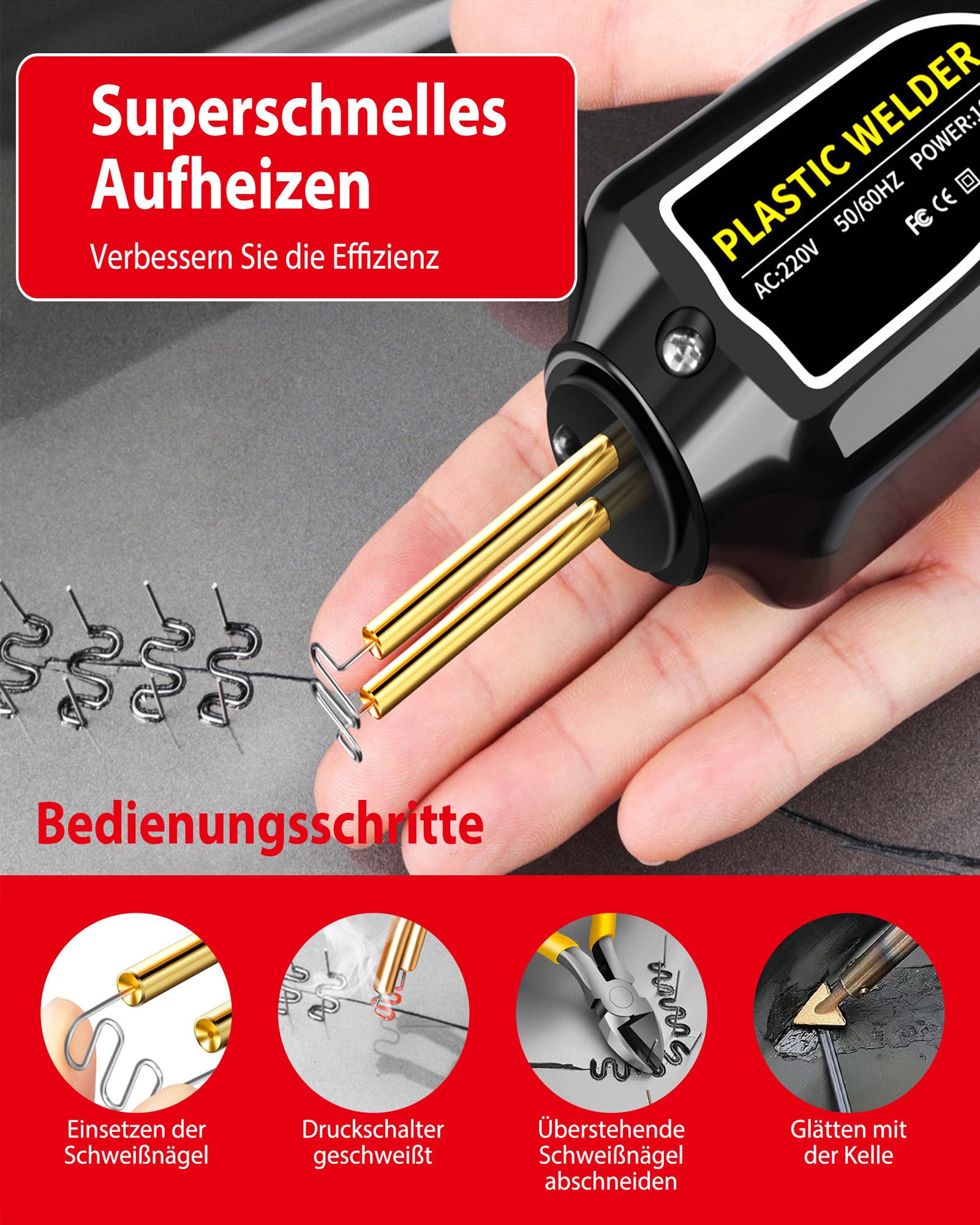100W Plastik Kunststoff Schweißgerät: Plastic Schweißen Reparatur Set Auto Handschweißgerät Reparaturset mit 200PCS Schweißnagel für Plastik Autoteile Stoßstange