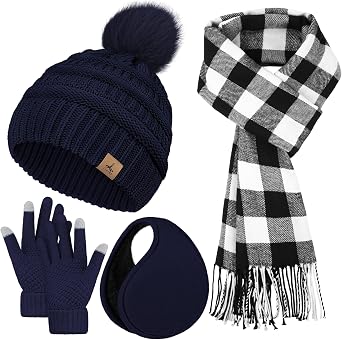 LOROME Winter Hat Scarf Gloves and Ear Warmer Set, Knit Warm Beanie Women | Winter Warm Hat Gloves Scarf Set, Long Knitted Plaid Scarf Gift Set for Women, Touch Screen Gloves Accessories
