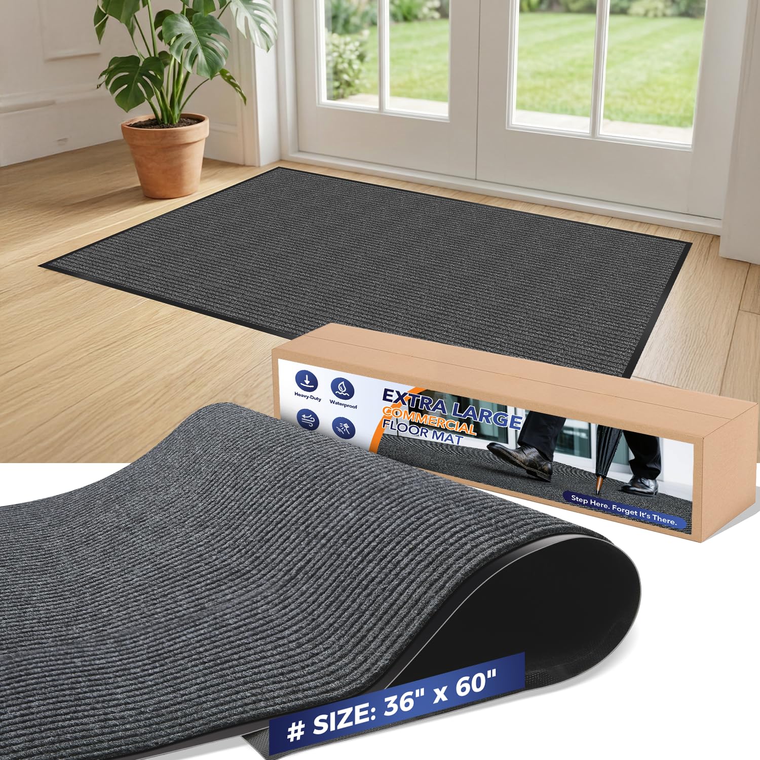 Commercial Floor Mat, 3 x 5 FT Extra Large Door Mat, Indoor/Outdoor Entrance Mat, Commercial Rug with Water & Stain Proof, Easy to Clean, Low-Profile, Heavy Duty Rubber Mat, Charcoal Grey
