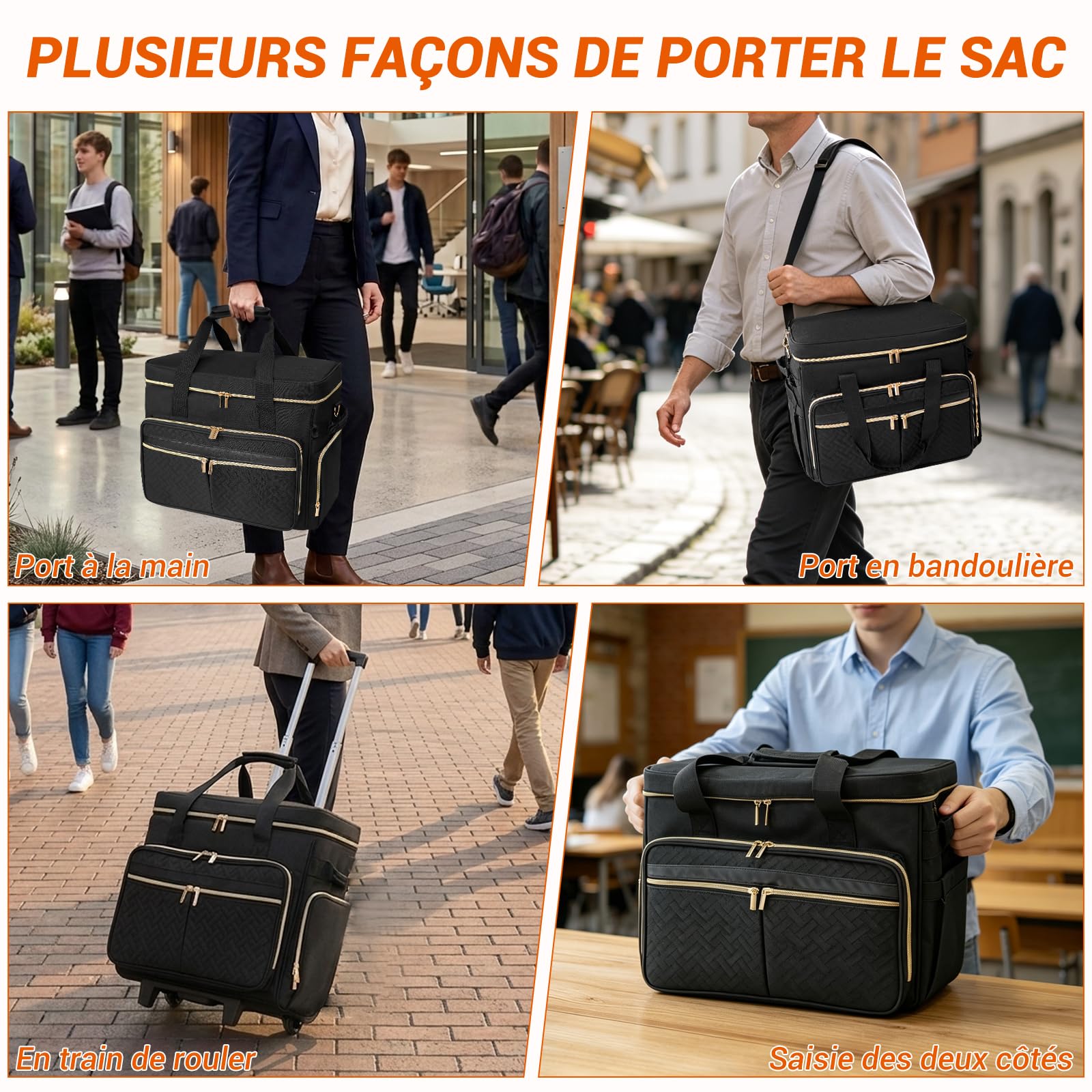 SUNDOY Sac de Travail à roulettes pour Enseignants, Noir - Pied-de-Poule | Sac à Ordinateur Portable jusqu'à 17,3 Pouces, Compartiment Extensible