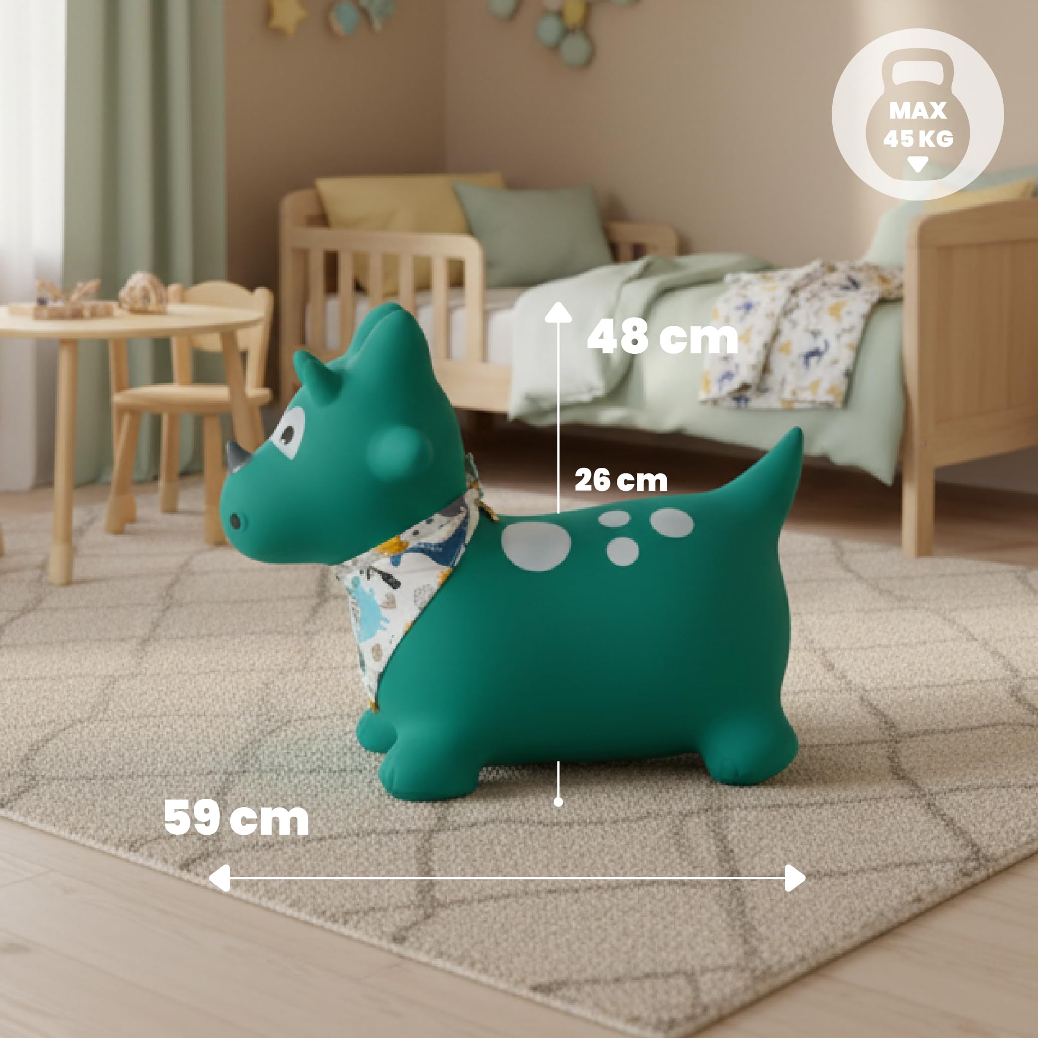 sun baby Animale Gonfiabile Che Salta, Giocattolo di 1 Anno, Saltarello per Bambini, Design ergonomico, Cavallo Giocattolo, Pompa Manuale Inclusa (Dino Verde con Bandana)