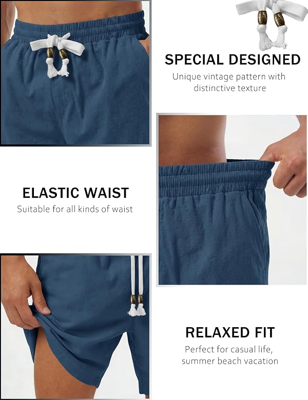 TACVASEN Mens Cotton Linen Blue Grey Shorts Casual 7 Inch Summer Beach by TACVASEN - Used condition - Image 5