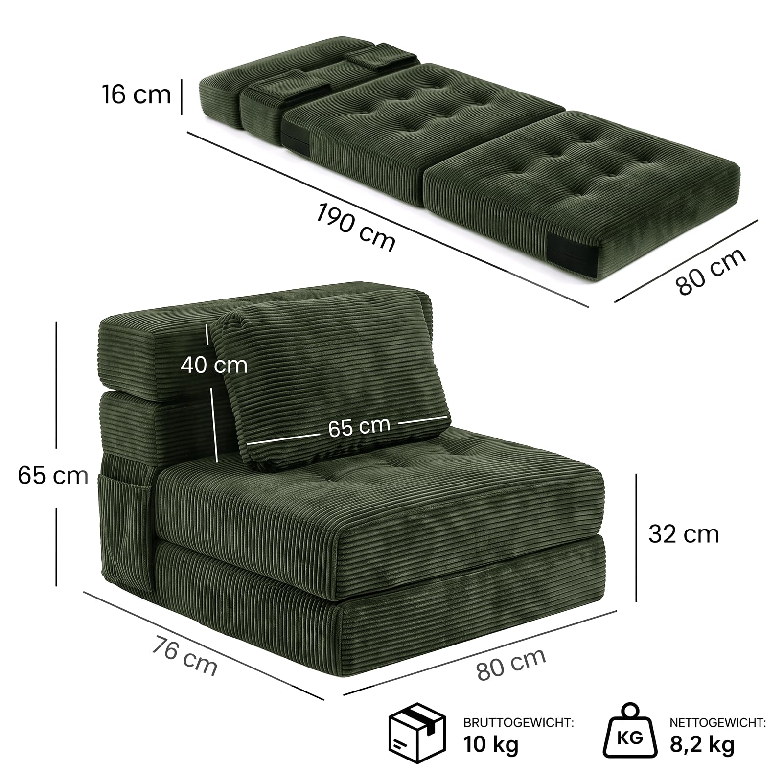 Fabulcozy Wandelbares Sofa 4 in 1, klappbarer Sessel mit Seitentasche, Komfortschaum, Cordbezug, Kissen und Kopfstütze, für Wohnzimmer oder kleine Räume,Grün