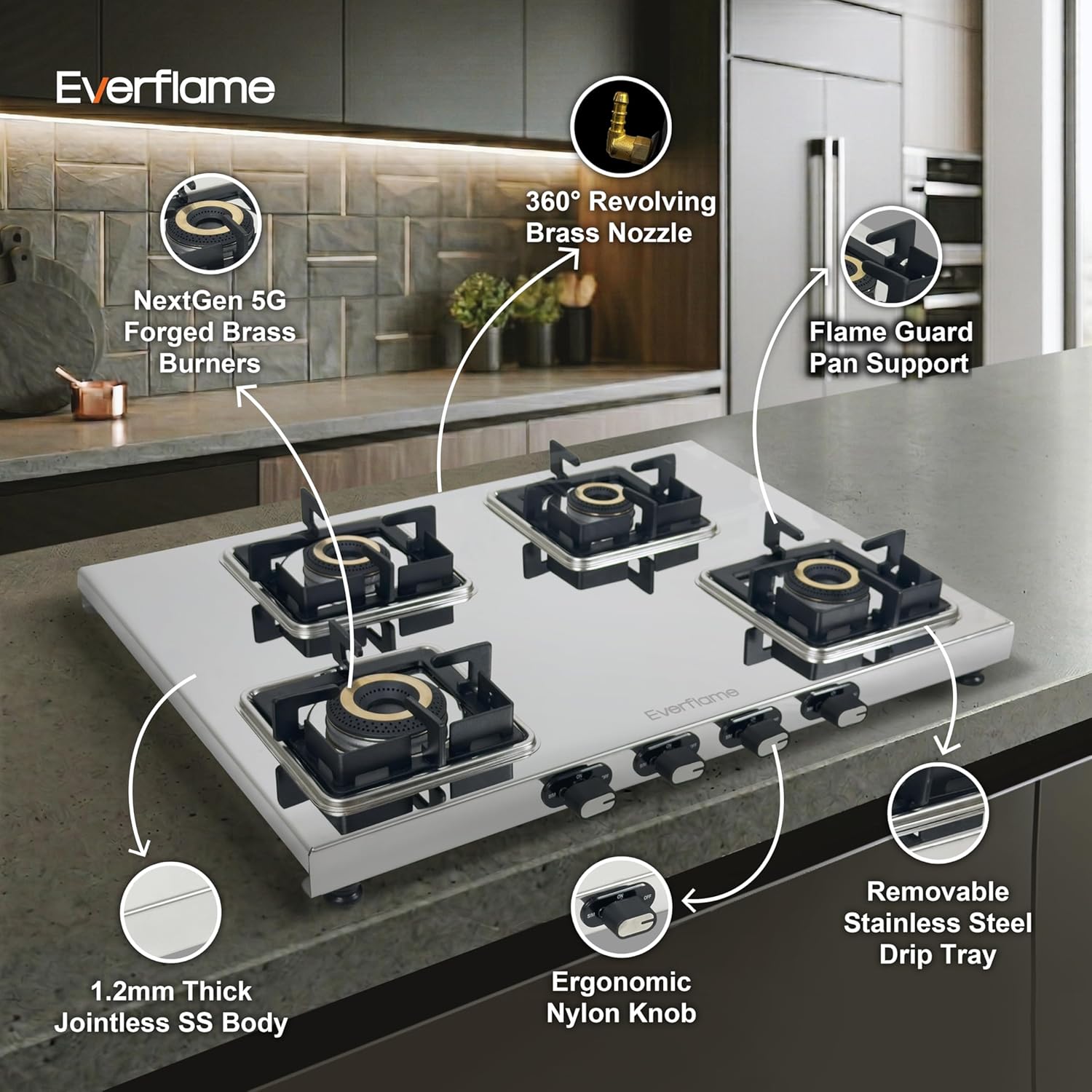 Everflame Prime 4-Burner Stainless Steel Gas Stove (Model: Prime 4B) features