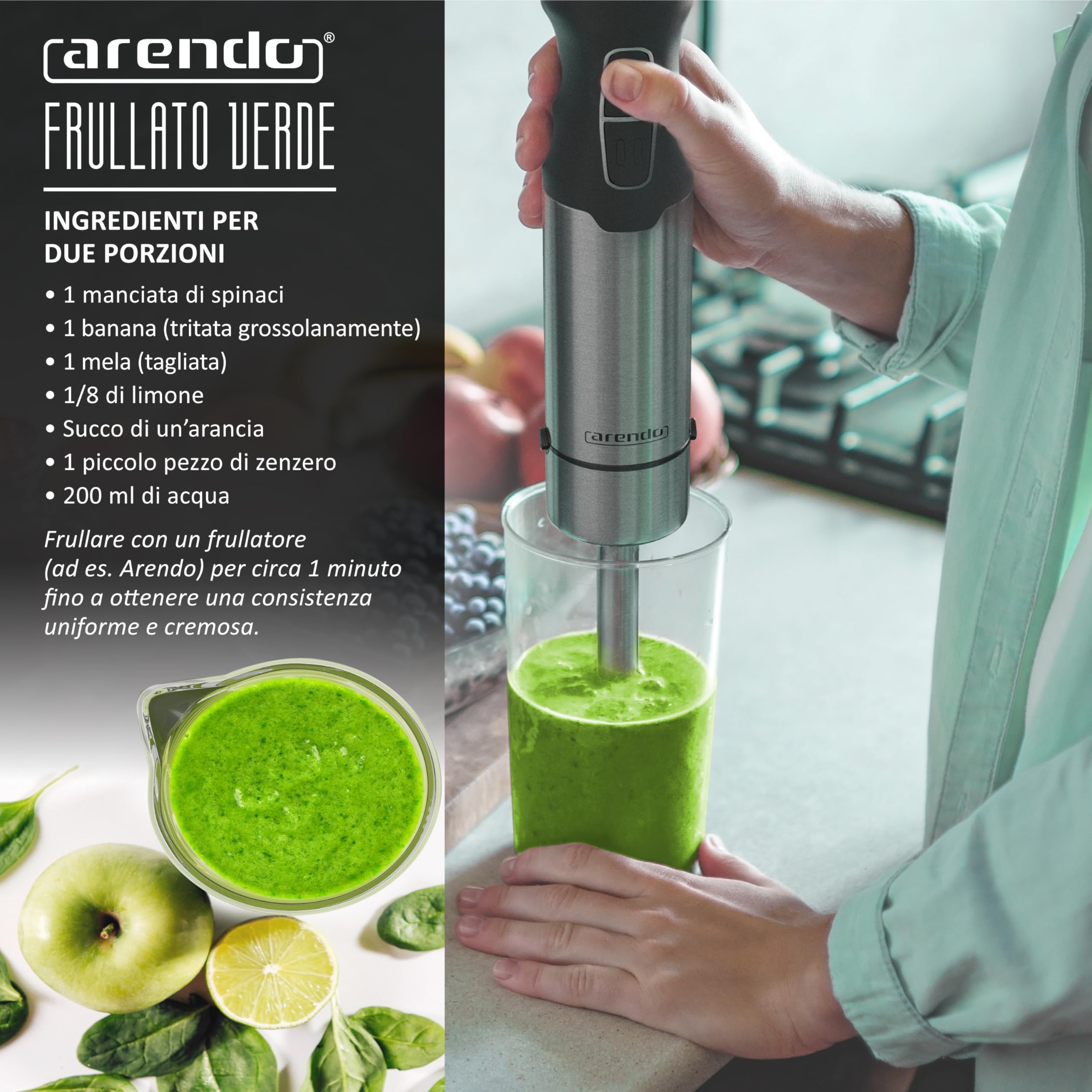 Arendo – Bicchiere per mixer ad immersione da 600 ml – Ideale per frullatore a mano - Misuratore con tappo – Bicchiere per frullati in Copolimero SAN termoresistente