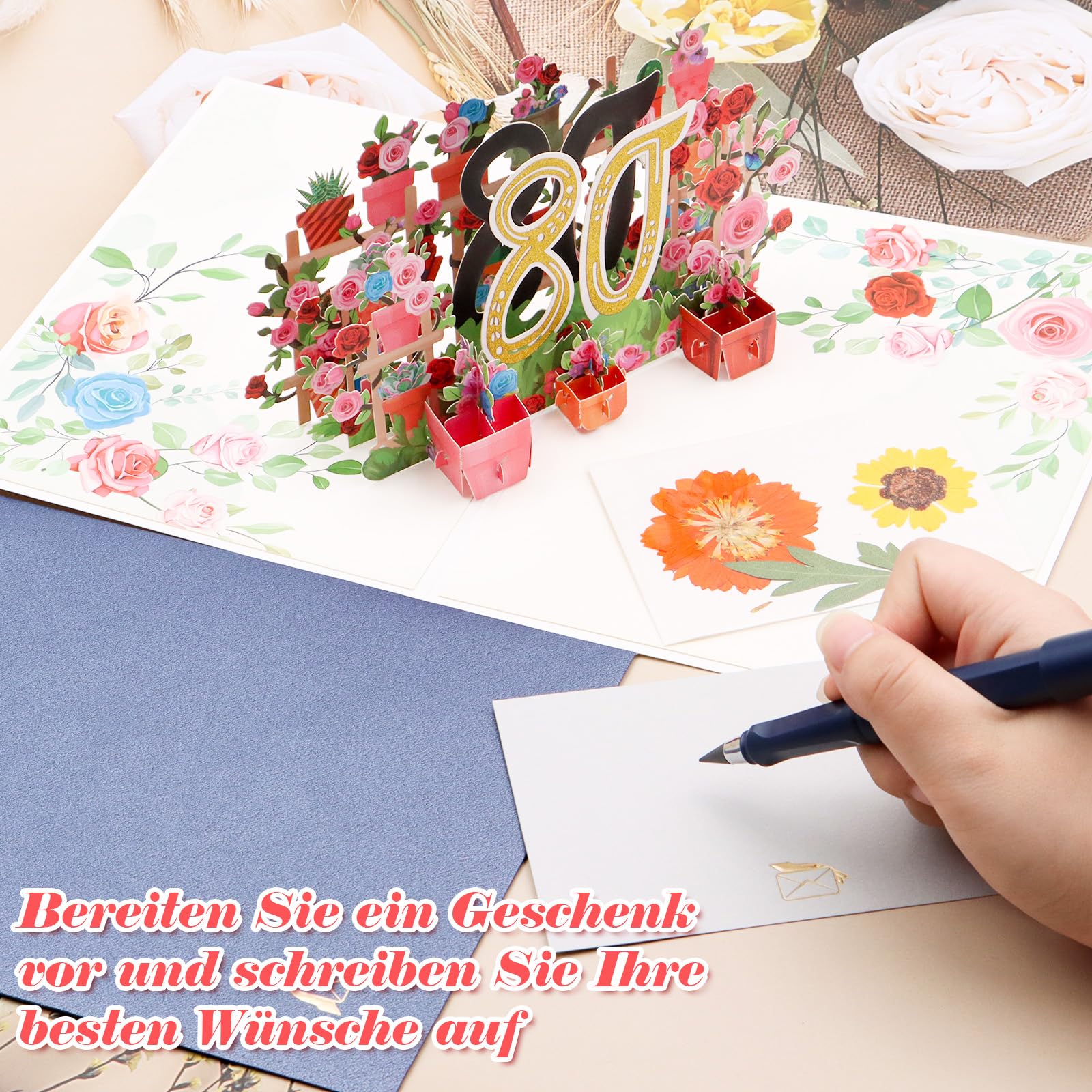 3D-Pop-up-Geburtstagskarte Zum 80. – Mit Blumen, „Happy 80th Birthday“ Aufdruck, 18x13 Cm