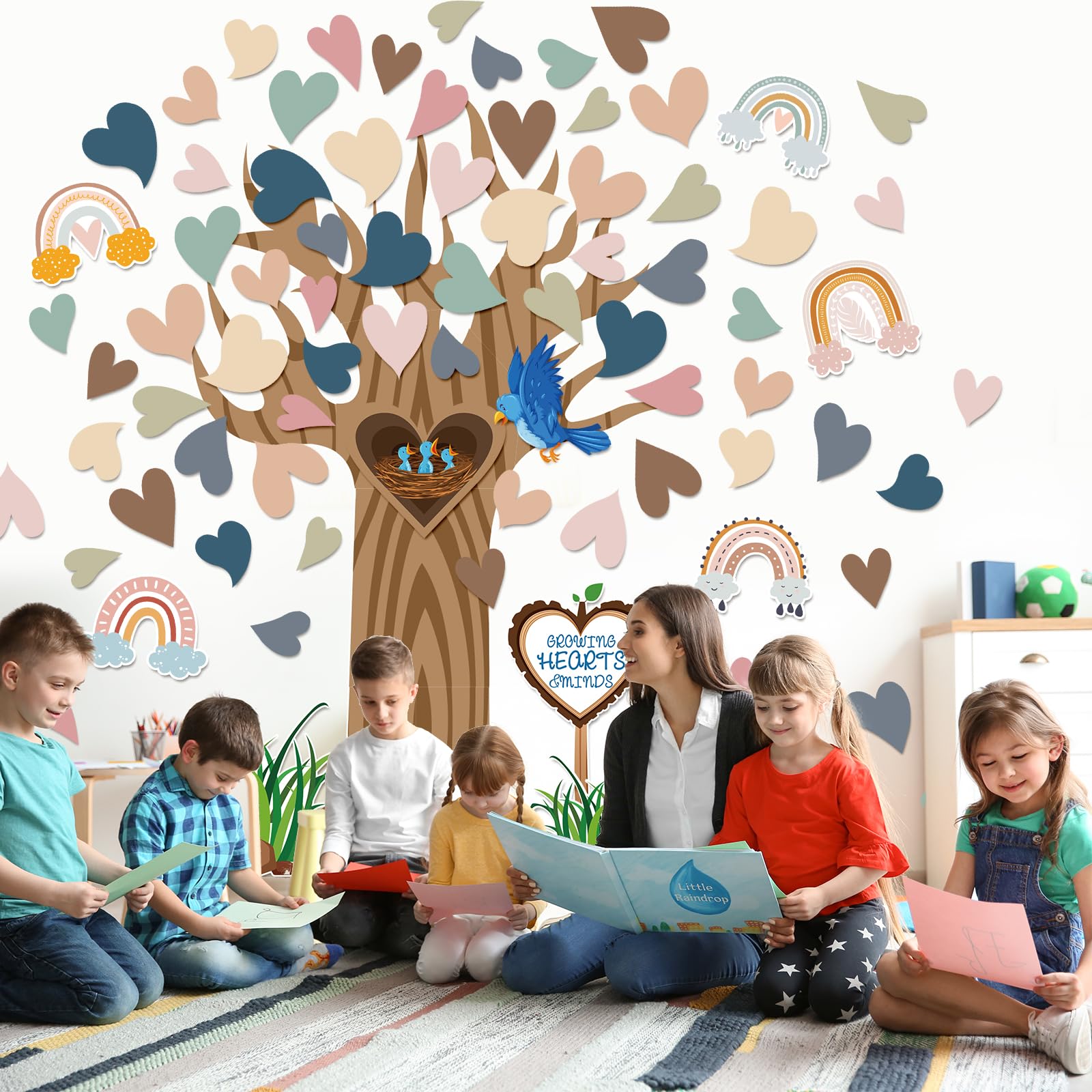 Boho Klassenzimmer Baum Pinnwand Set – Mit 100 Herzförmigen Ausschnitten (100 Cm Hoch, Karton)