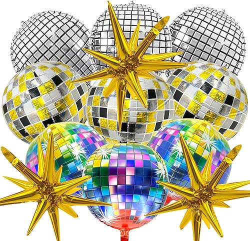 Globos de bola de discoteca, 12 piezas de decoraciones de cumpleaños de 22 pulgadas, globos gigantes de aluminio 4D, globos redondos de Mylar para