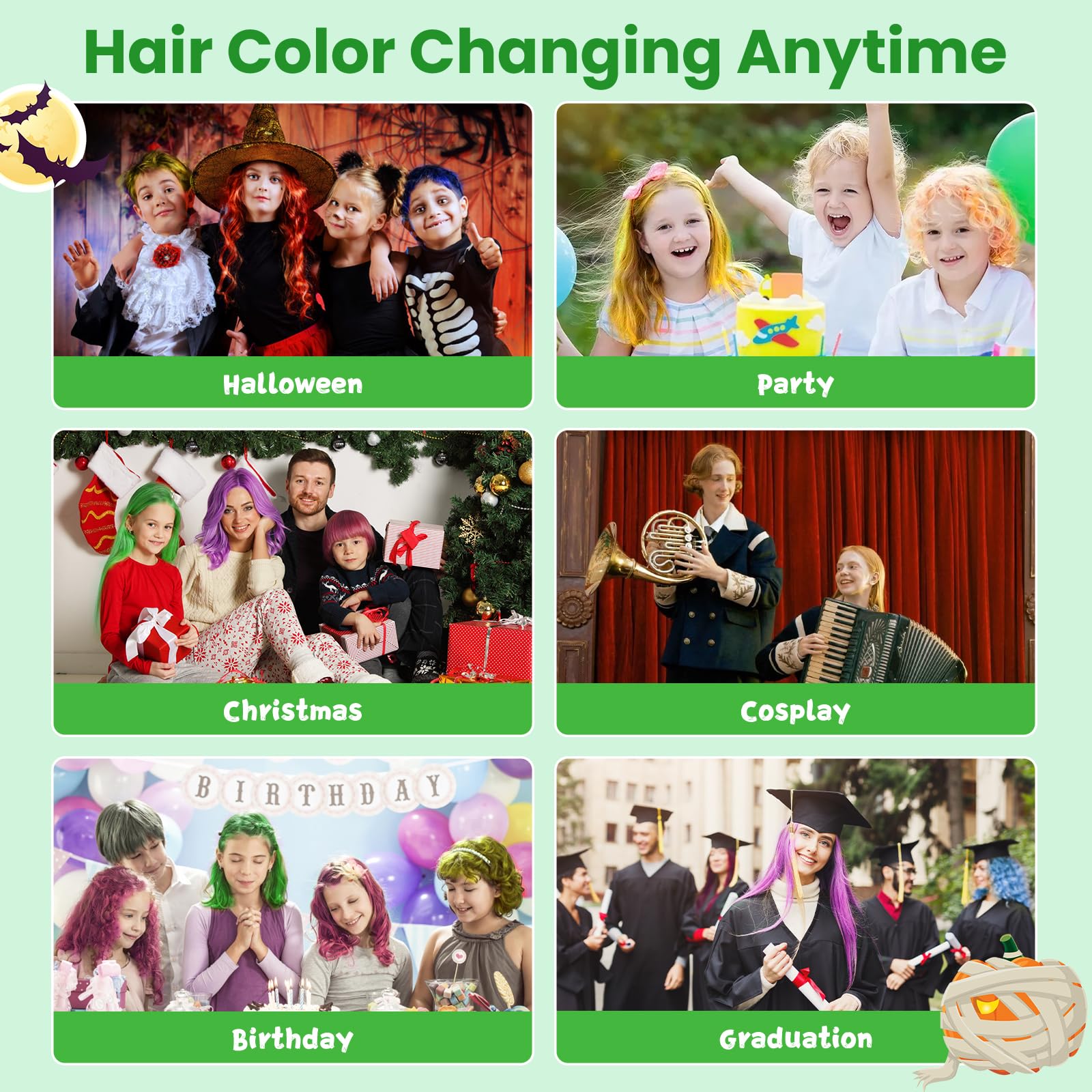 Hansuby Cera temporal para el cabello verde para niños, mujeres y hombres, tinte de pelo lavable para niñas, niños y adolescentes, crema colorante instantánea para C